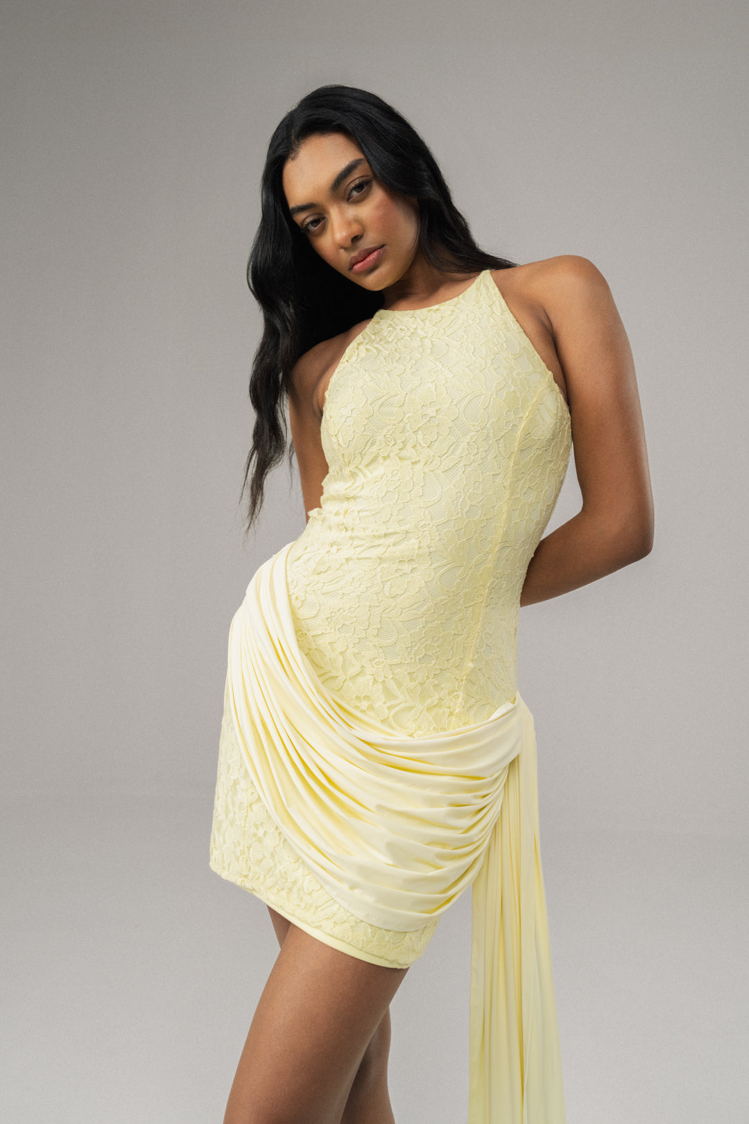 SUNLIT BUTTER YELLOW LACE MINI DRESS