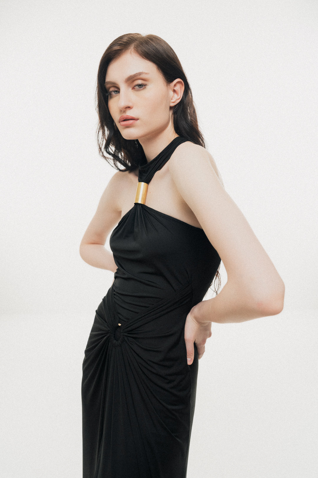 GOLDEN CYLINDRICAL RING DETAIL BODYCON MAXI DRESS