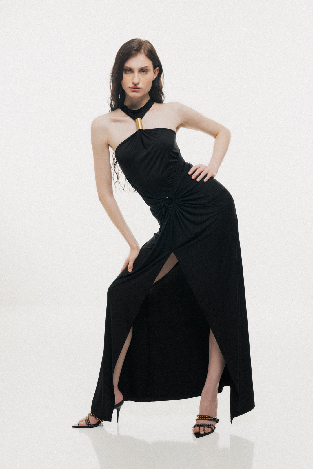 GOLDEN CYLINDRICAL RING DETAIL BODYCON MAXI DRESS