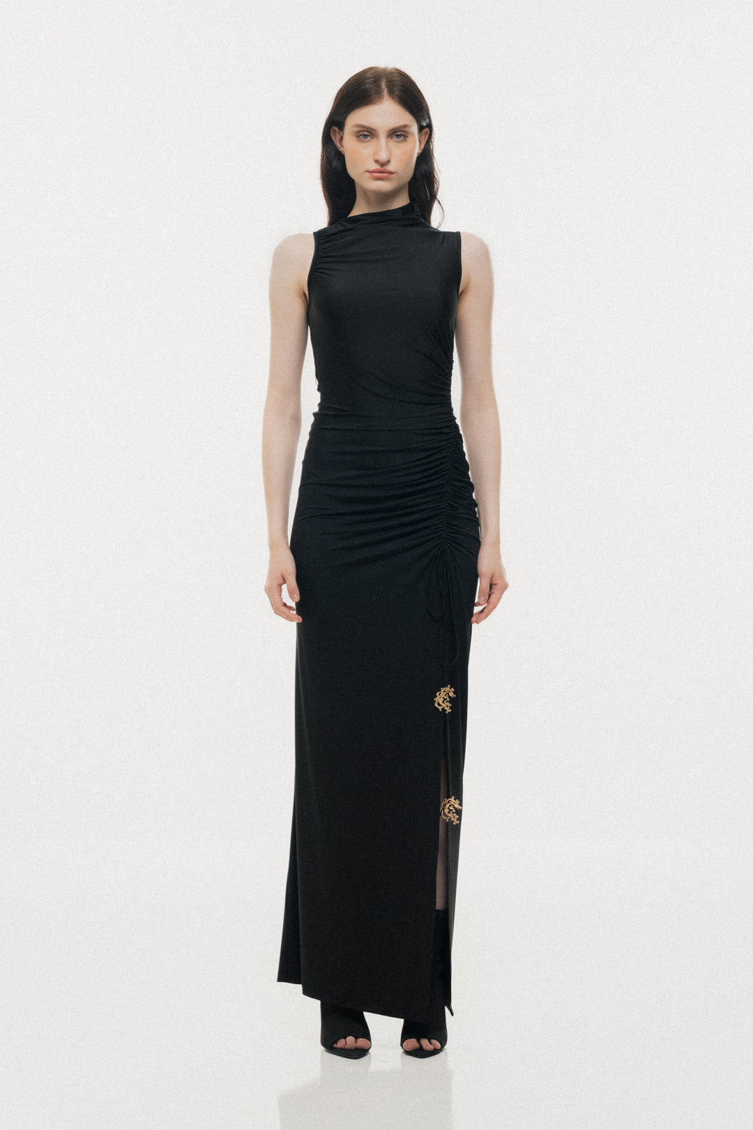 BLACK MAXI DRESS WITH GOLDEN MOON DETAILS