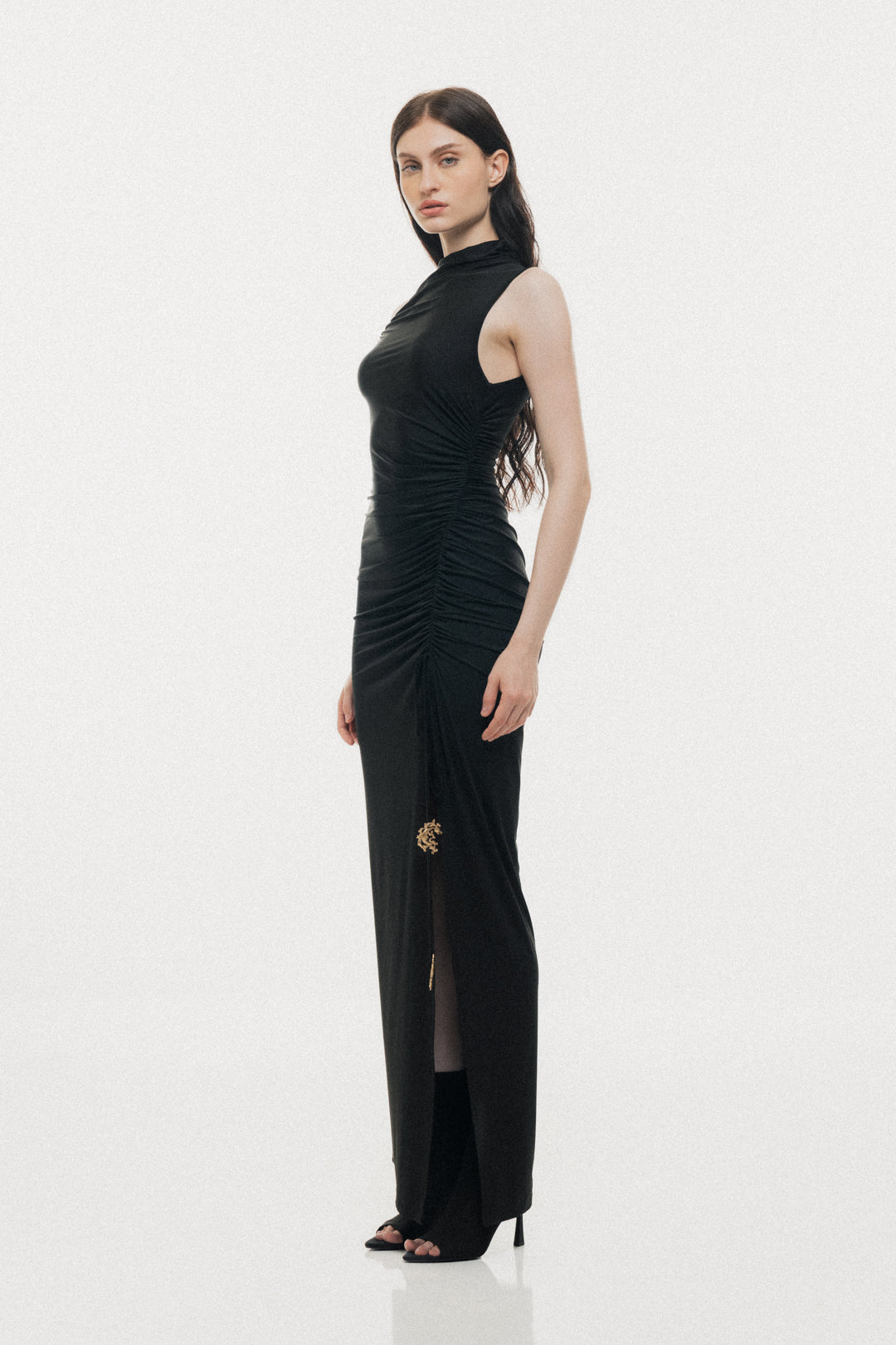 BLACK MAXI DRESS WITH GOLDEN MOON DETAILS