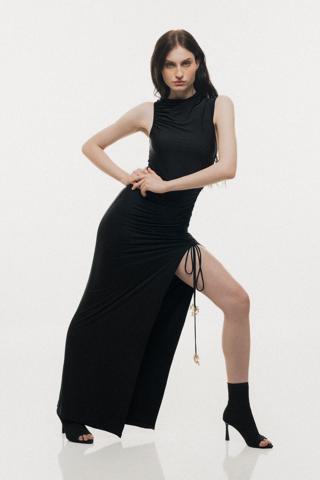 BLACK MAXI DRESS WITH GOLDEN MOON DETAILS