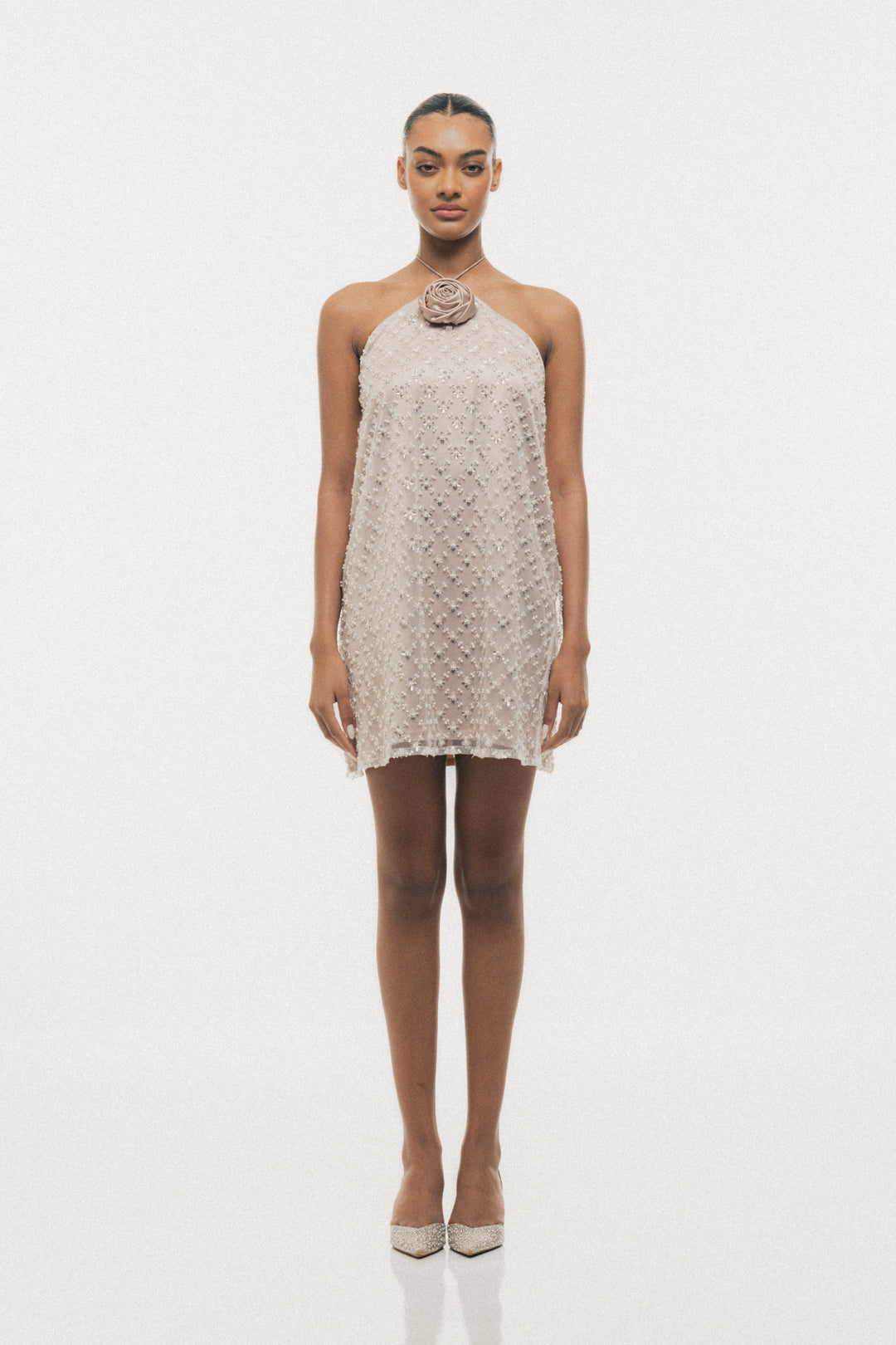 BEIGE BEADED HALTER-NECK MINI DRESS