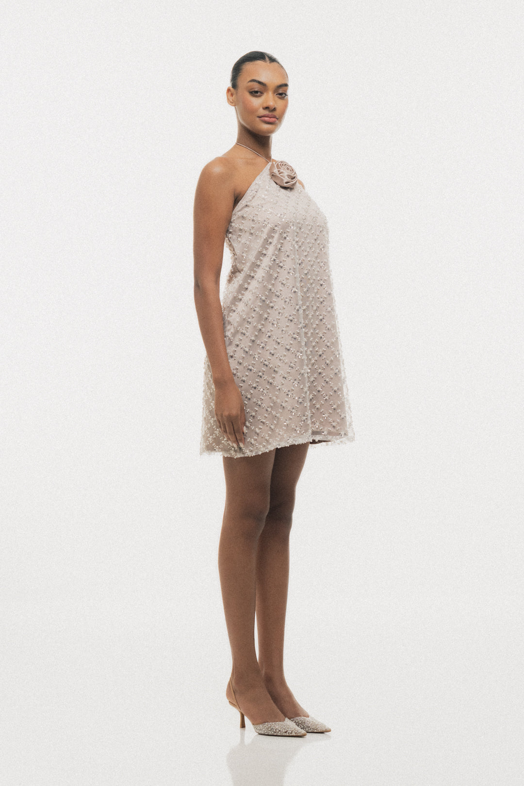 BEIGE BEADED HALTER-NECK MINI DRESS