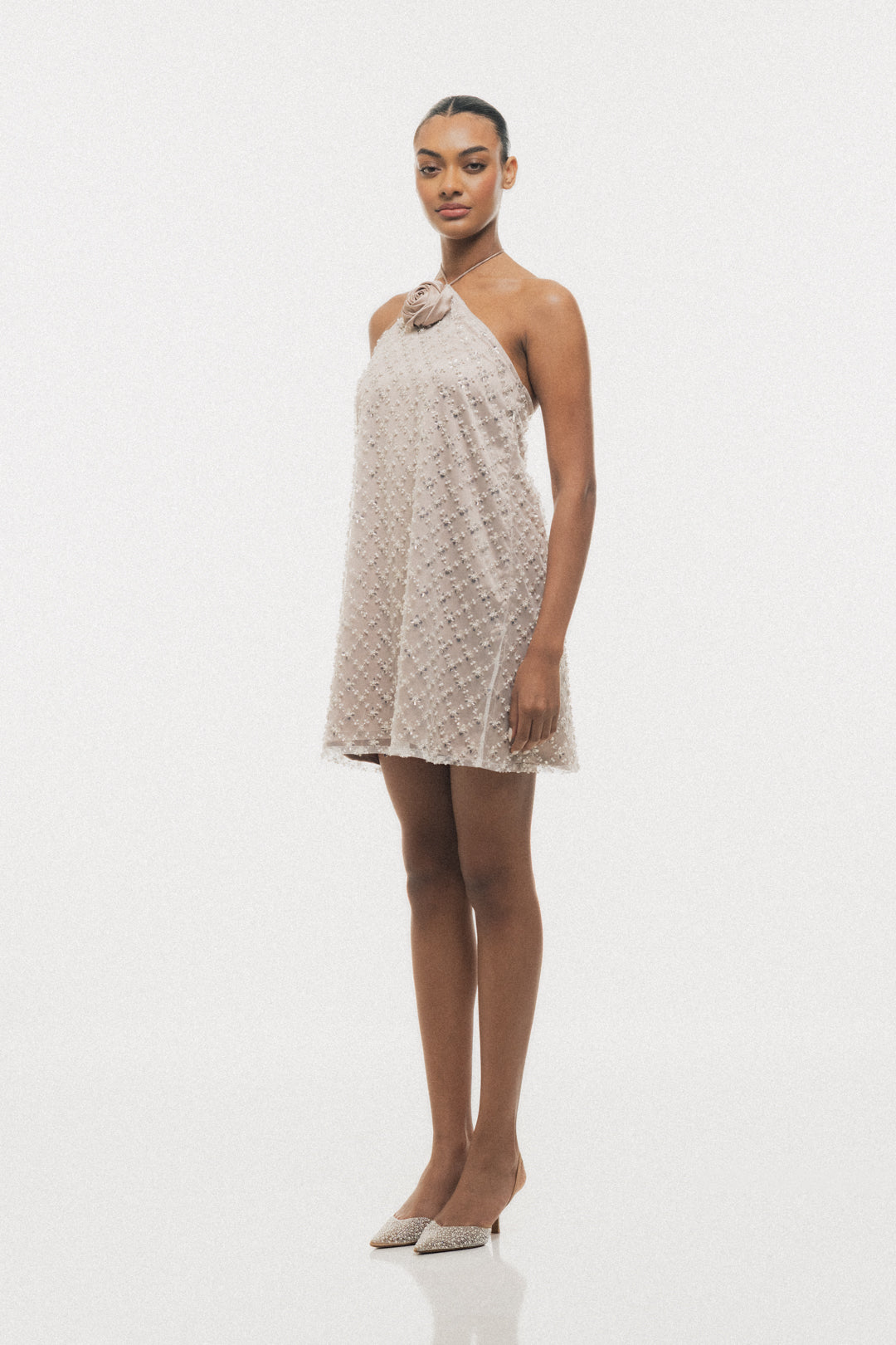 BEIGE BEADED HALTER-NECK MINI DRESS