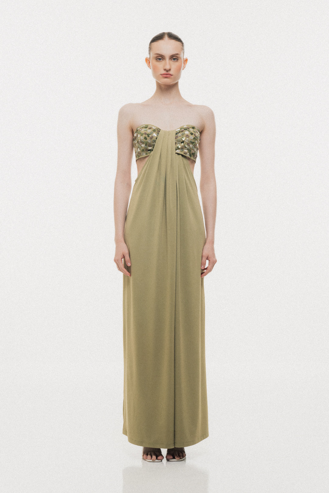 SAGE GREEN STRAPLESS EMBELLISHED MAXI DRESS