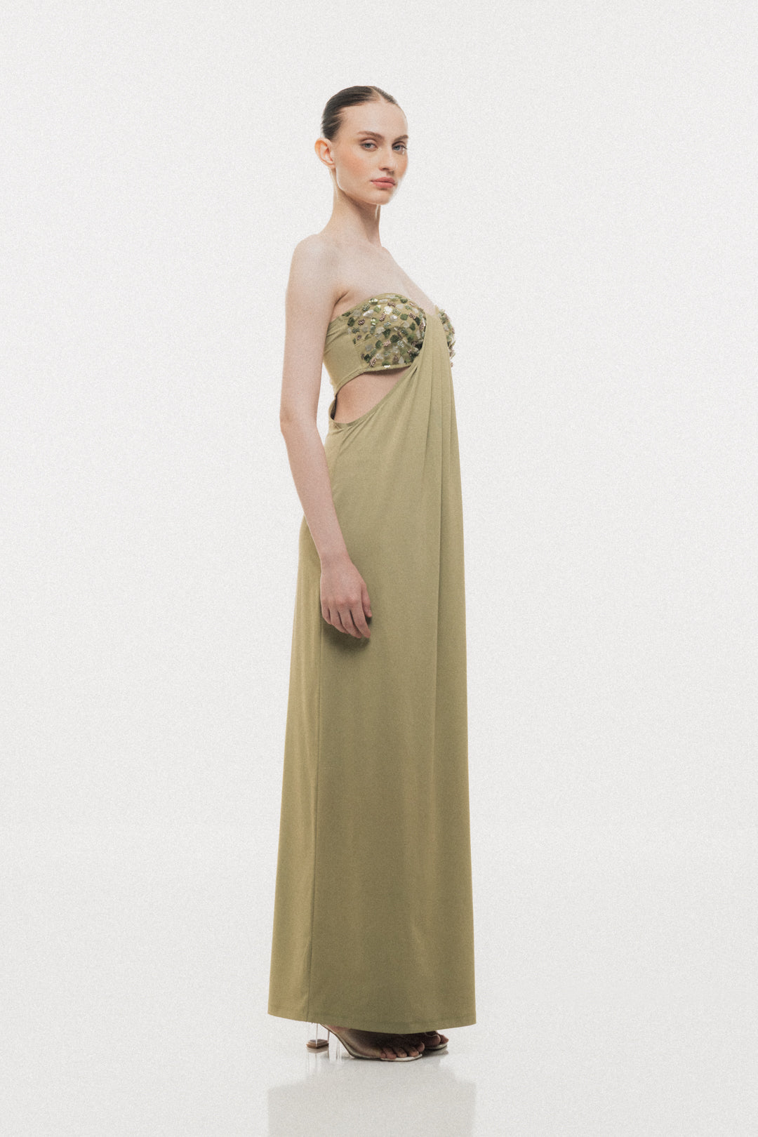SAGE GREEN STRAPLESS EMBELLISHED MAXI DRESS