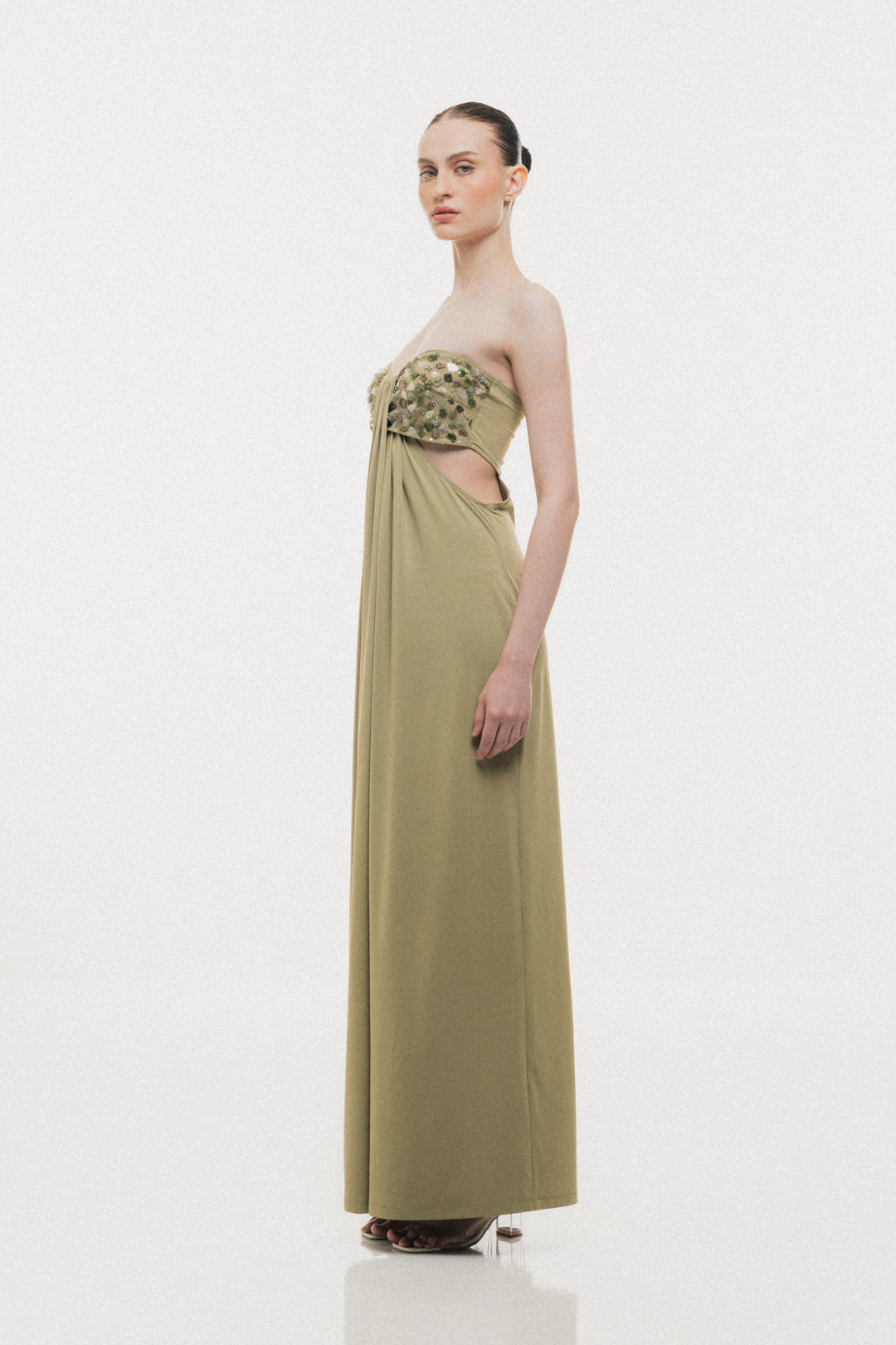 SAGE GREEN STRAPLESS EMBELLISHED MAXI DRESS