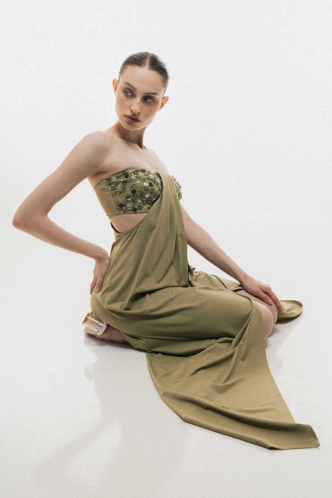 SAGE GREEN STRAPLESS EMBELLISHED MAXI DRESS