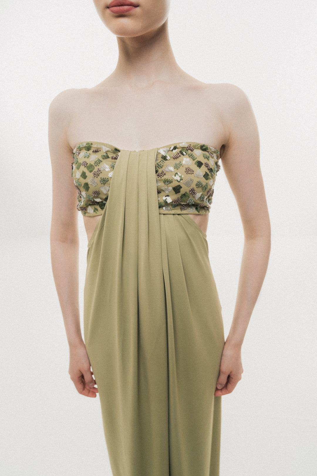 SAGE GREEN STRAPLESS EMBELLISHED MAXI DRESS