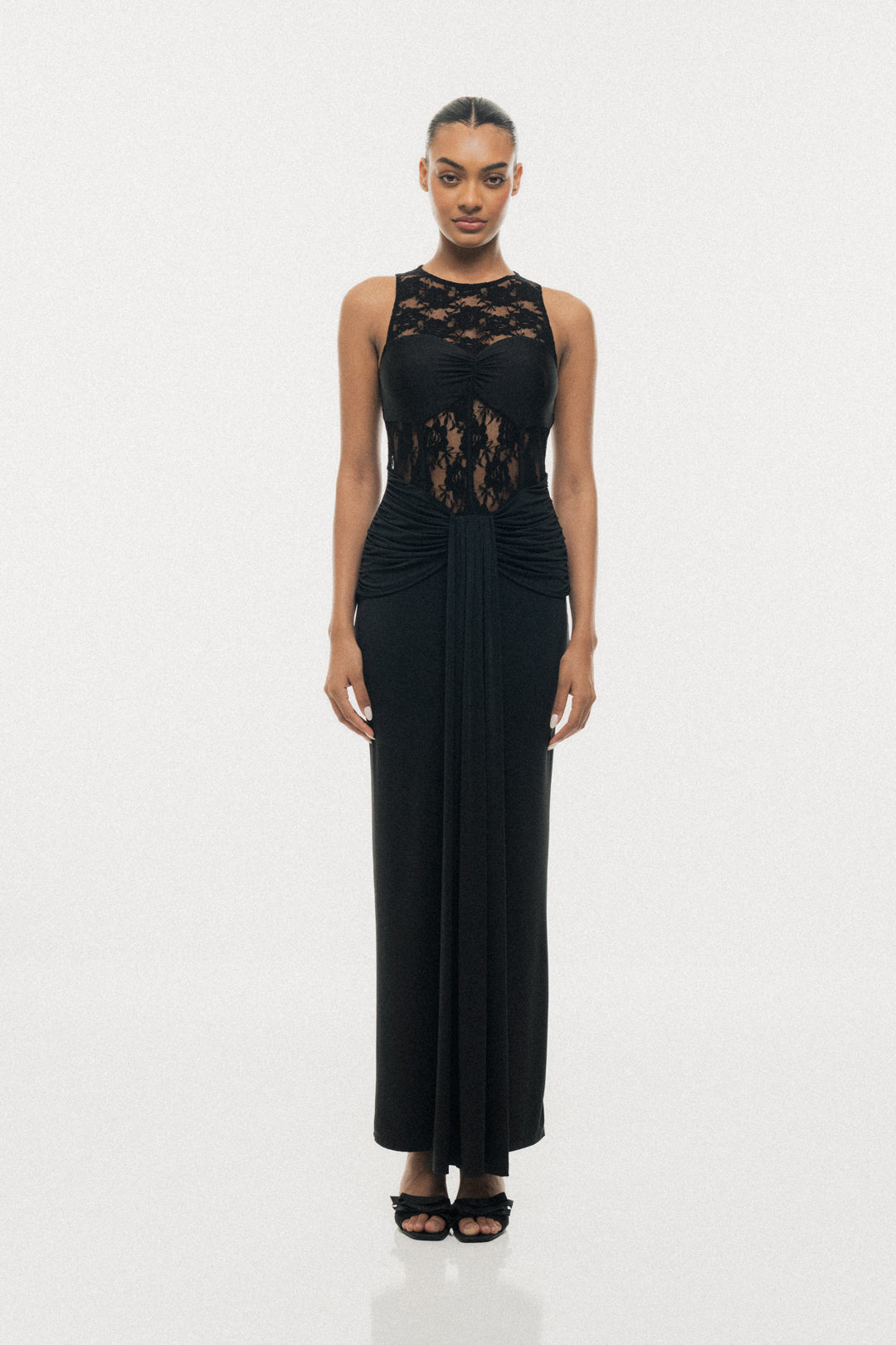 LACE ILLUSION DRAPE MAXI DRESS