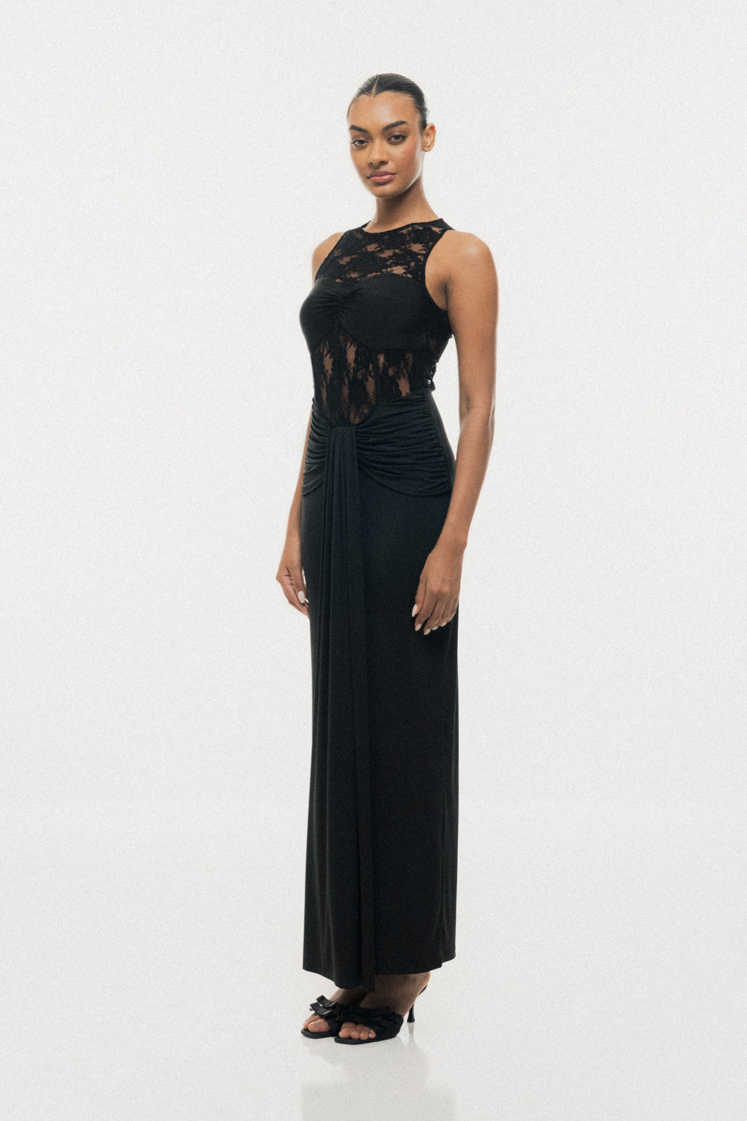 LACE ILLUSION DRAPE MAXI DRESS