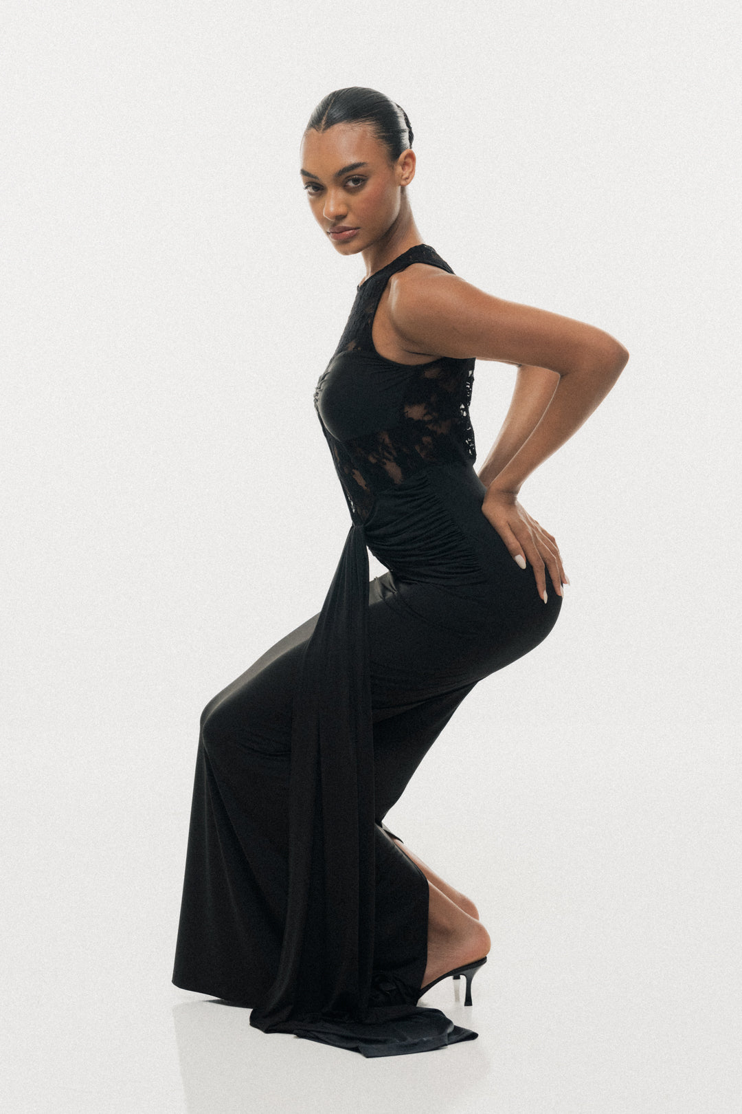 LACE ILLUSION DRAPE MAXI DRESS