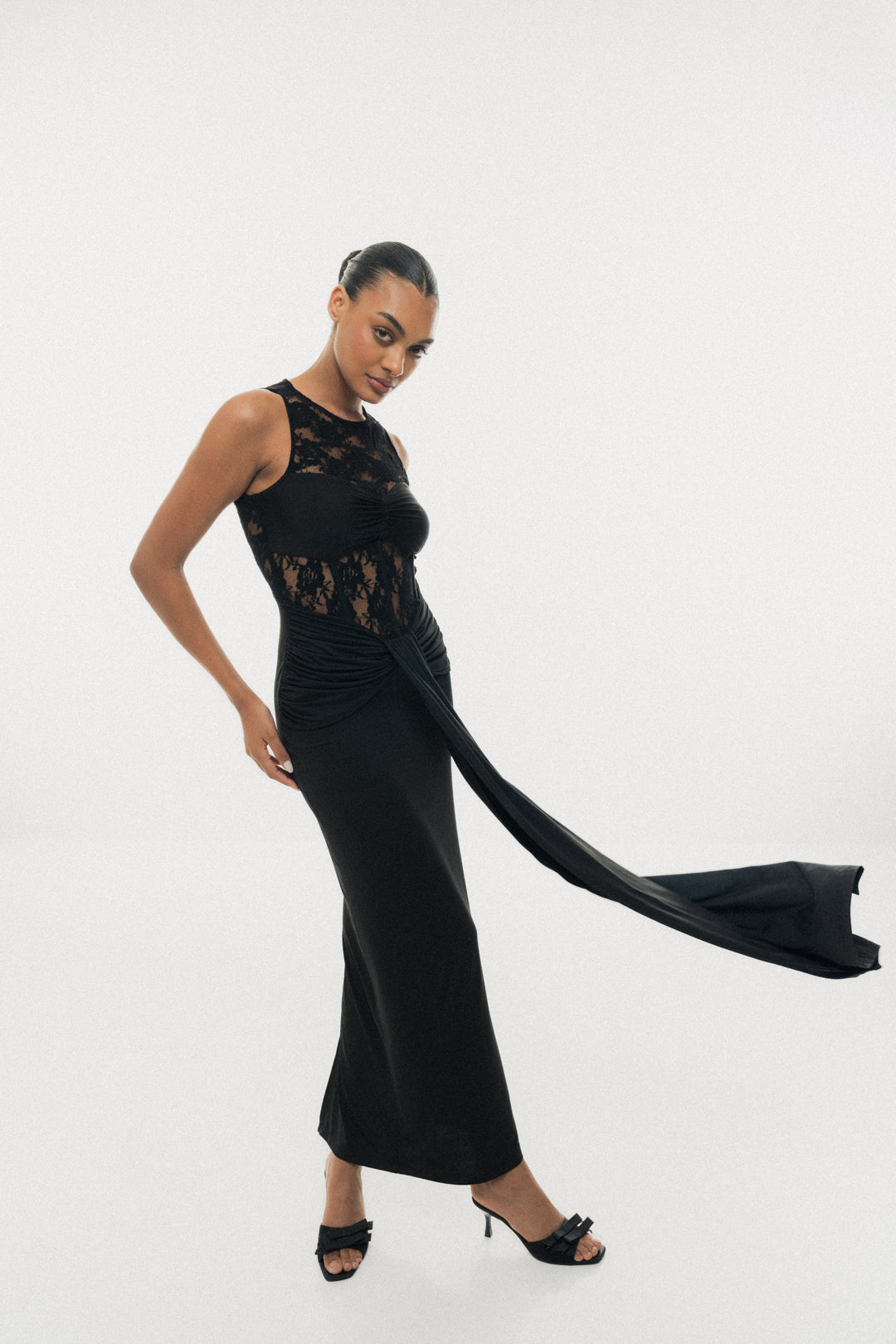 LACE ILLUSION DRAPE MAXI DRESS