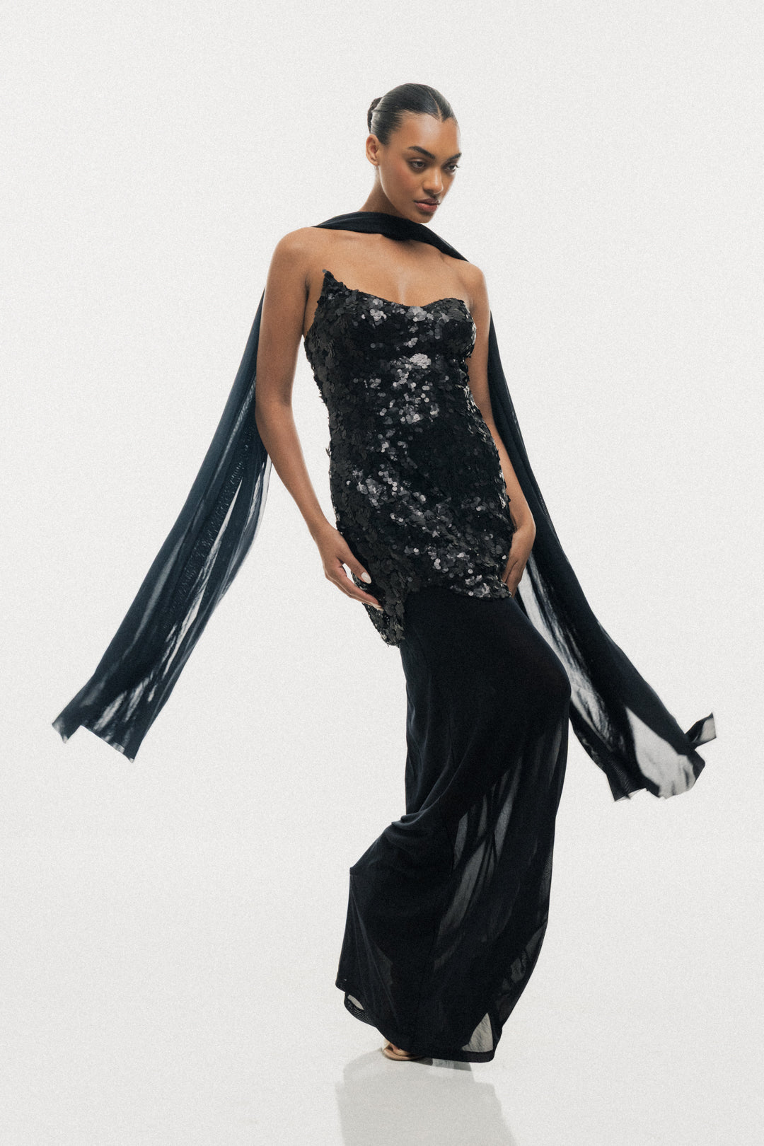 MIDNIGHT BLACK SEQUIN BODYCON MAXI DRESS