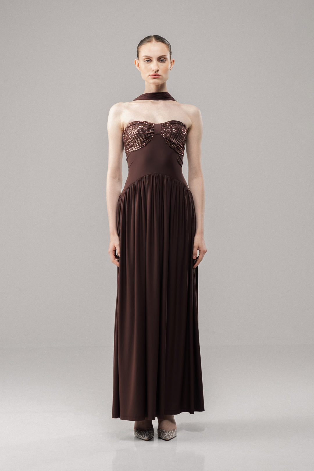 GLOW BROWN SEQUIN FLARED MAXI DRESS