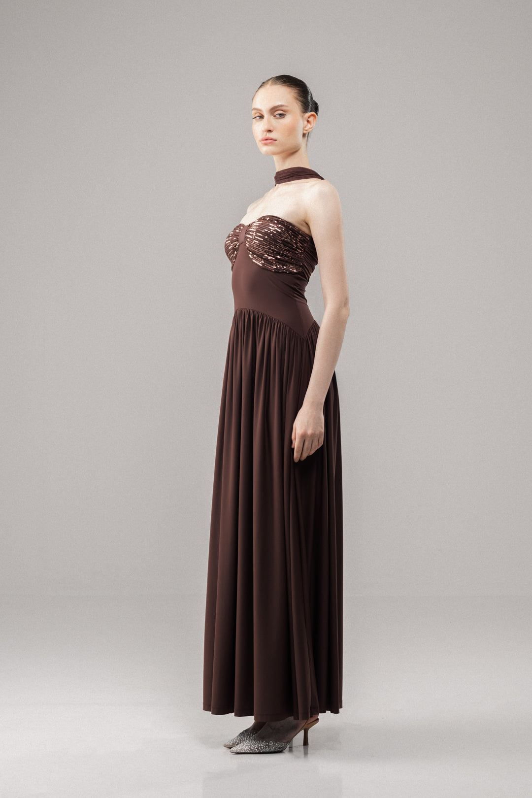 GLOW BROWN SEQUIN FLARED MAXI DRESS