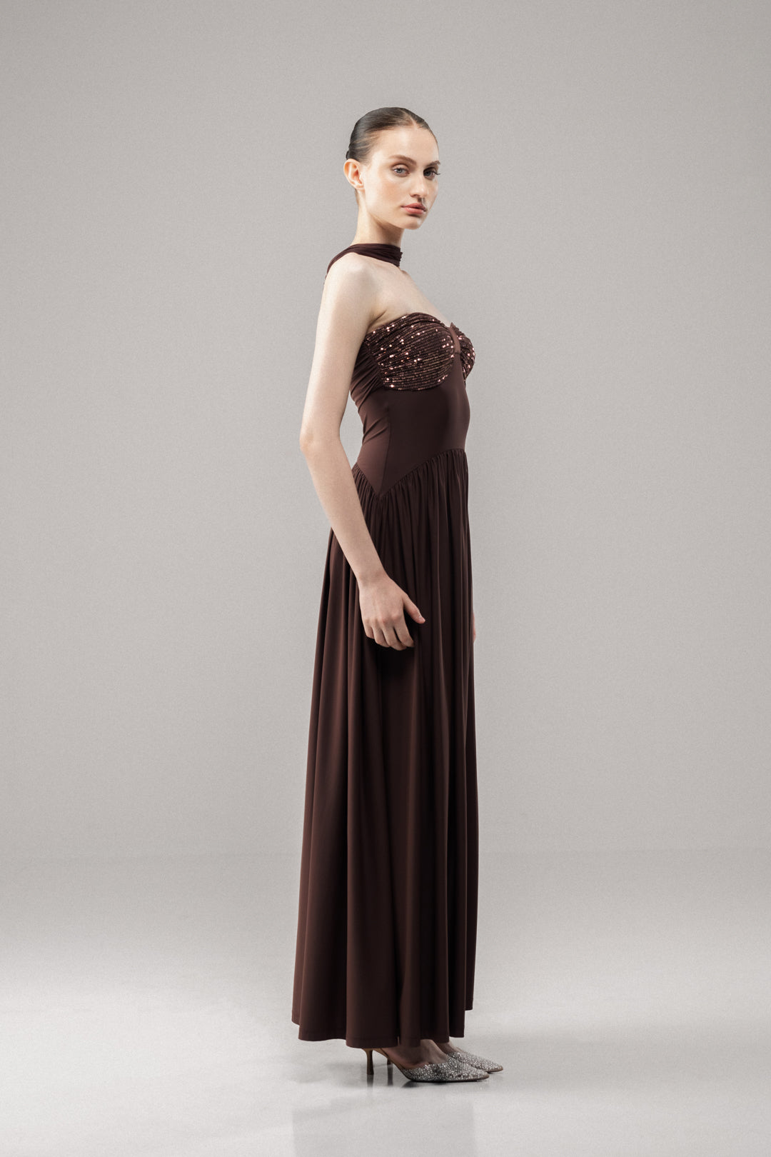 GLOW BROWN SEQUIN FLARED MAXI DRESS