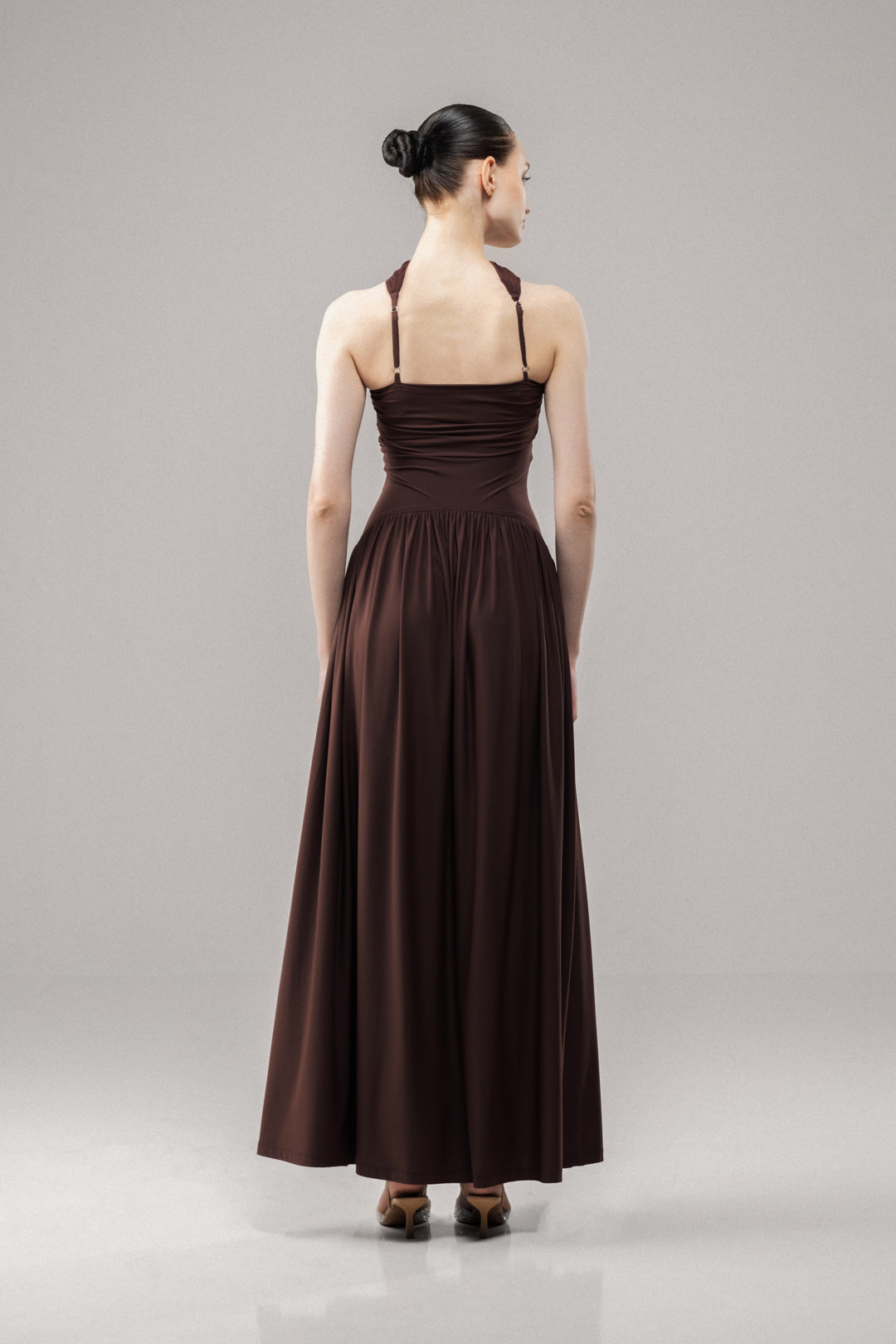 GLOW BROWN SEQUIN FLARED MAXI DRESS