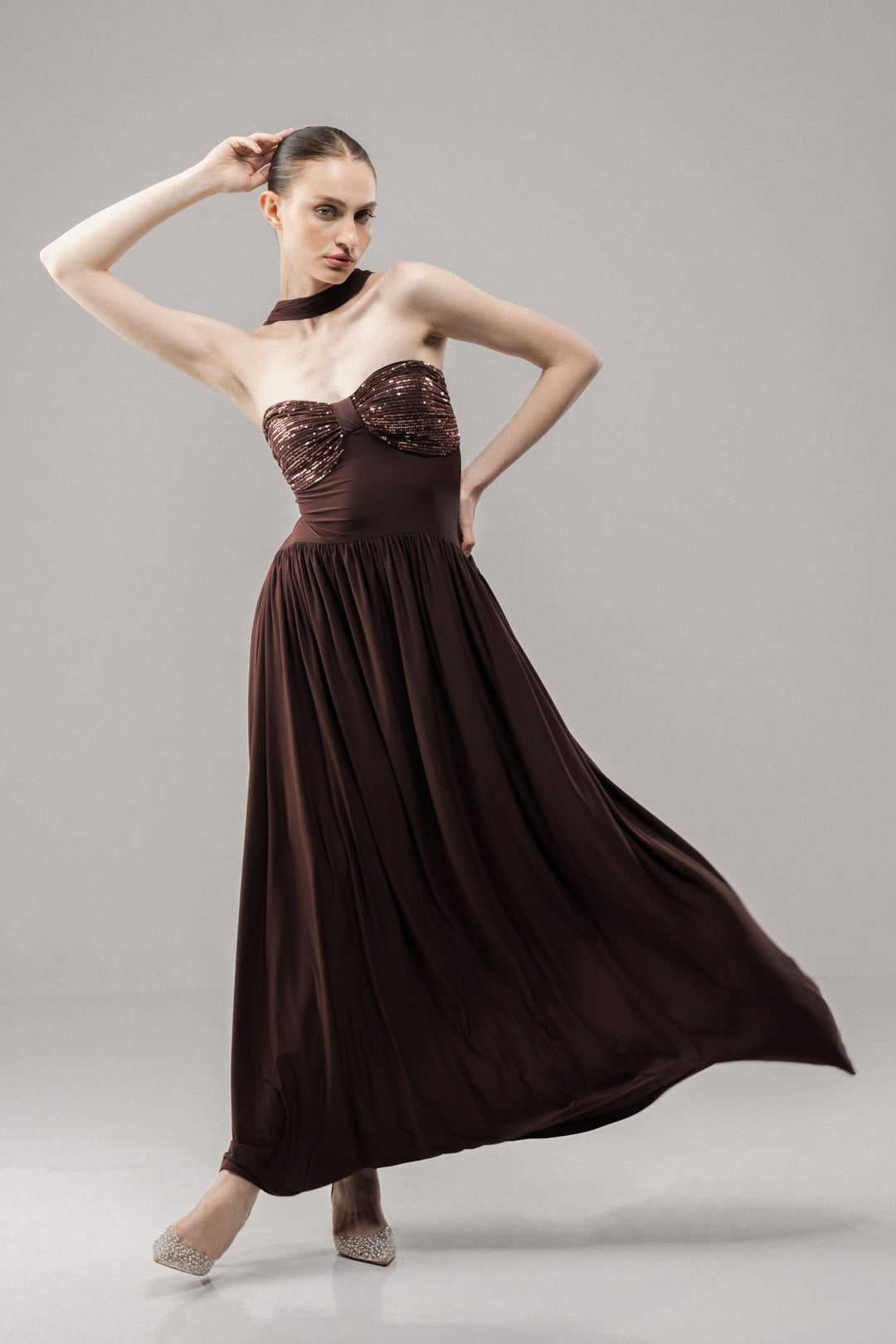 GLOW BROWN SEQUIN FLARED MAXI DRESS