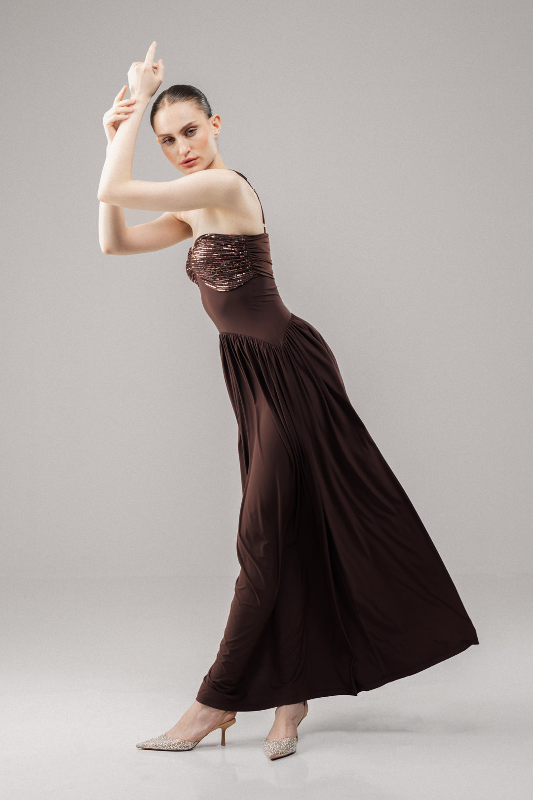 GLOW BROWN SEQUIN FLARED MAXI DRESS