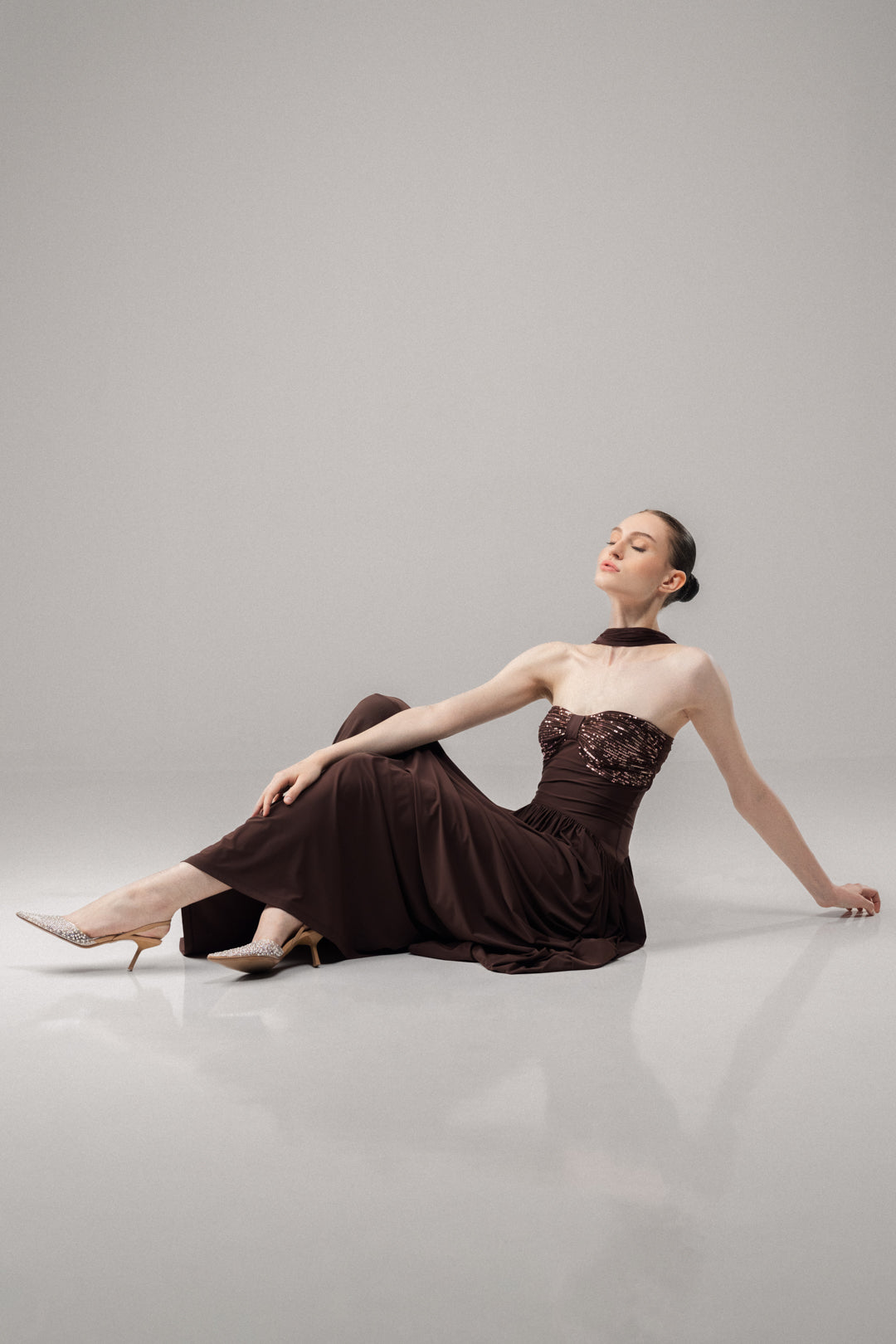 GLOW BROWN SEQUIN FLARED MAXI DRESS