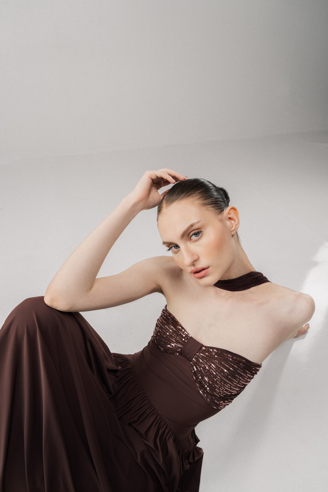 GLOW BROWN SEQUIN FLARED MAXI DRESS