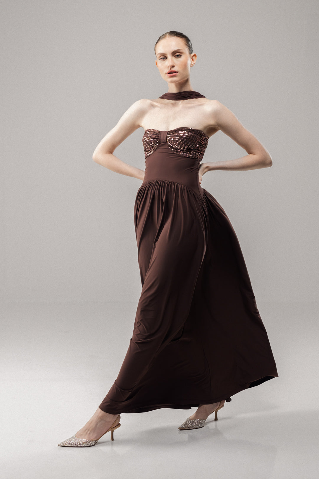 GLOW BROWN SEQUIN FLARED MAXI DRESS