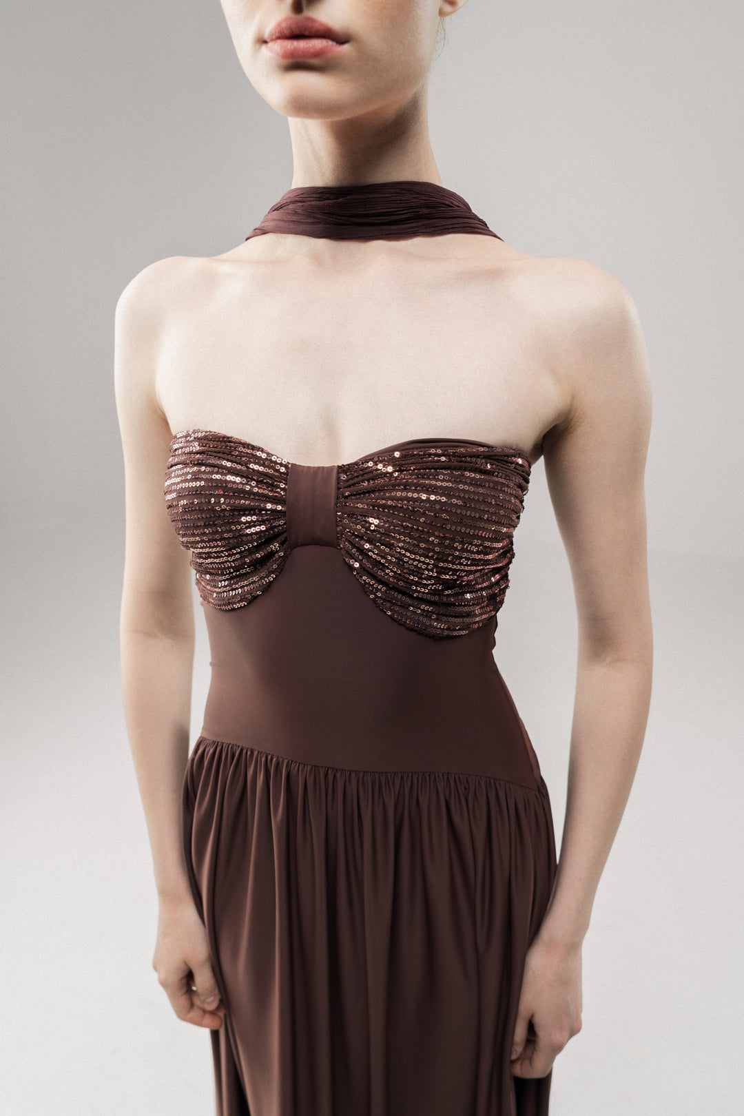 GLOW BROWN SEQUIN FLARED MAXI DRESS