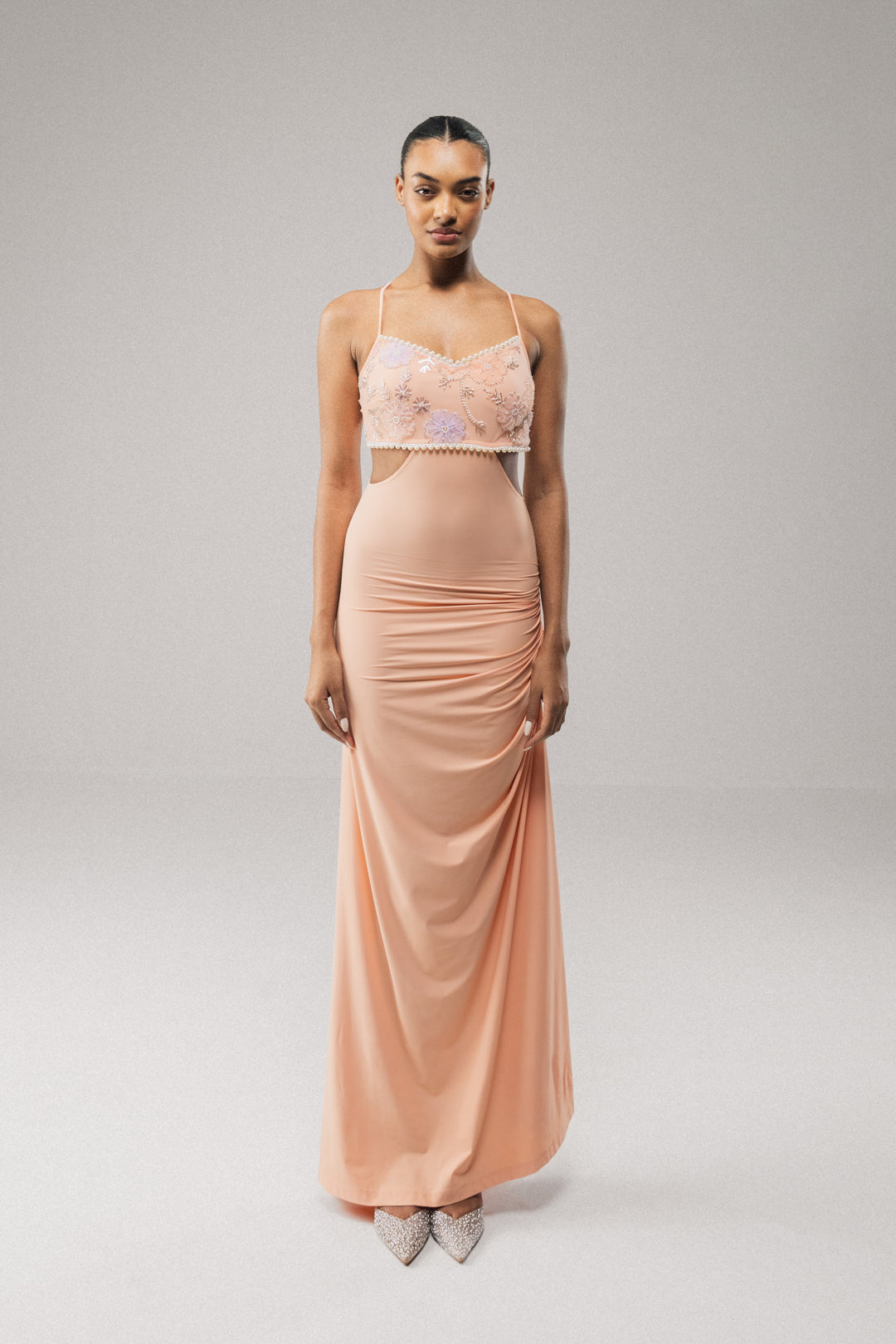PEACH EMBELLISHED BODICE MAXI DRESS