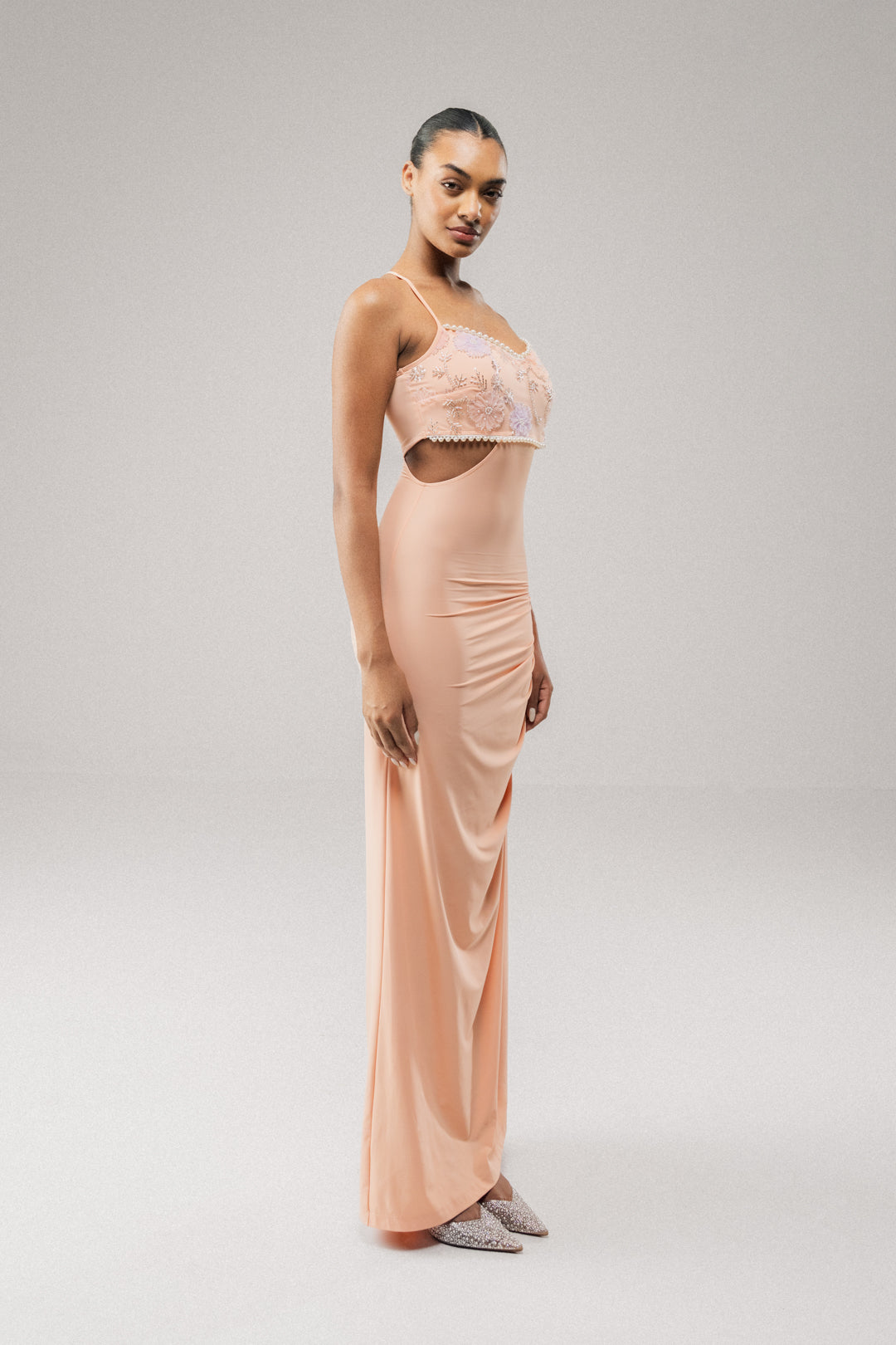 PEACH EMBELLISHED BODICE MAXI DRESS