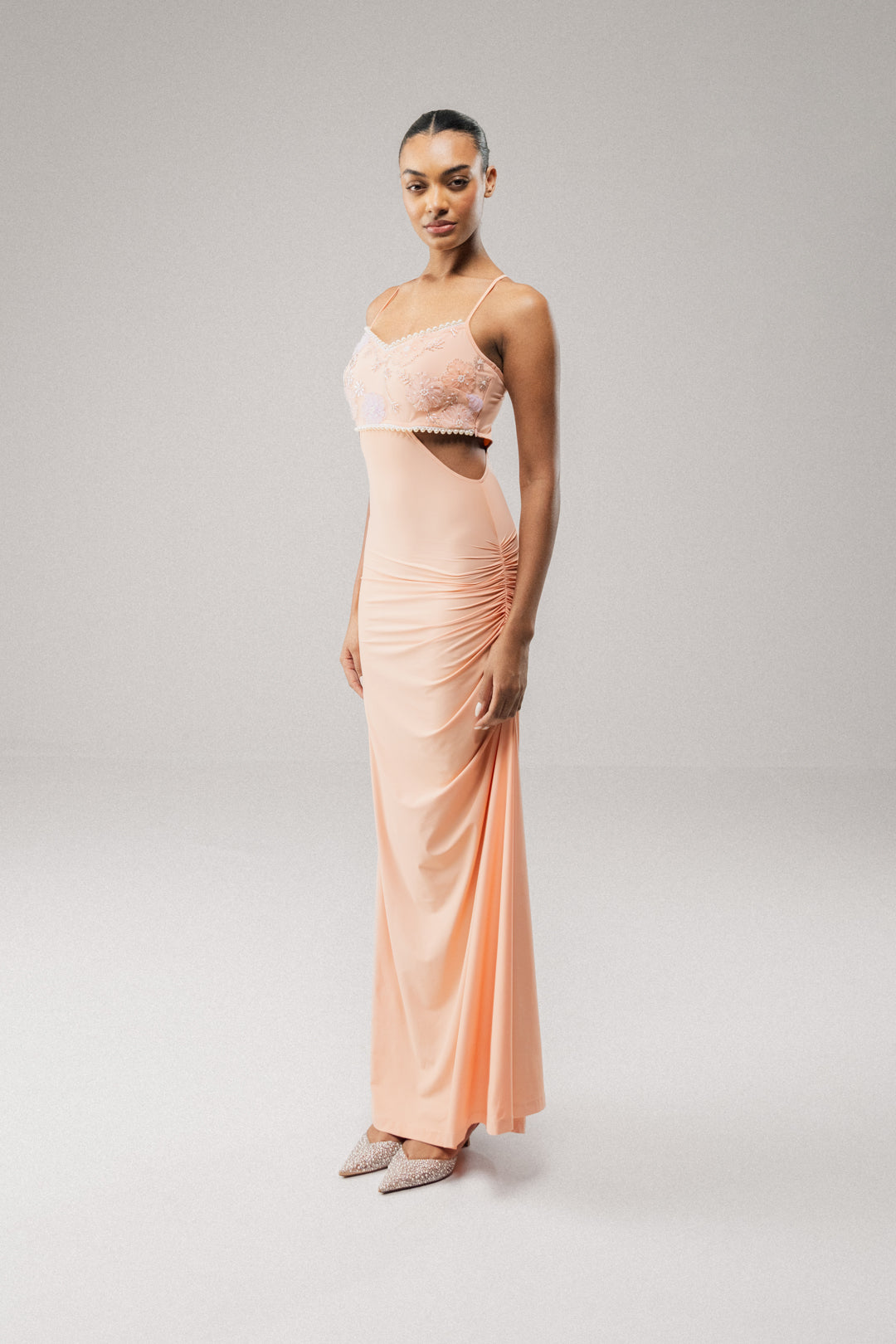 PEACH EMBELLISHED BODICE MAXI DRESS