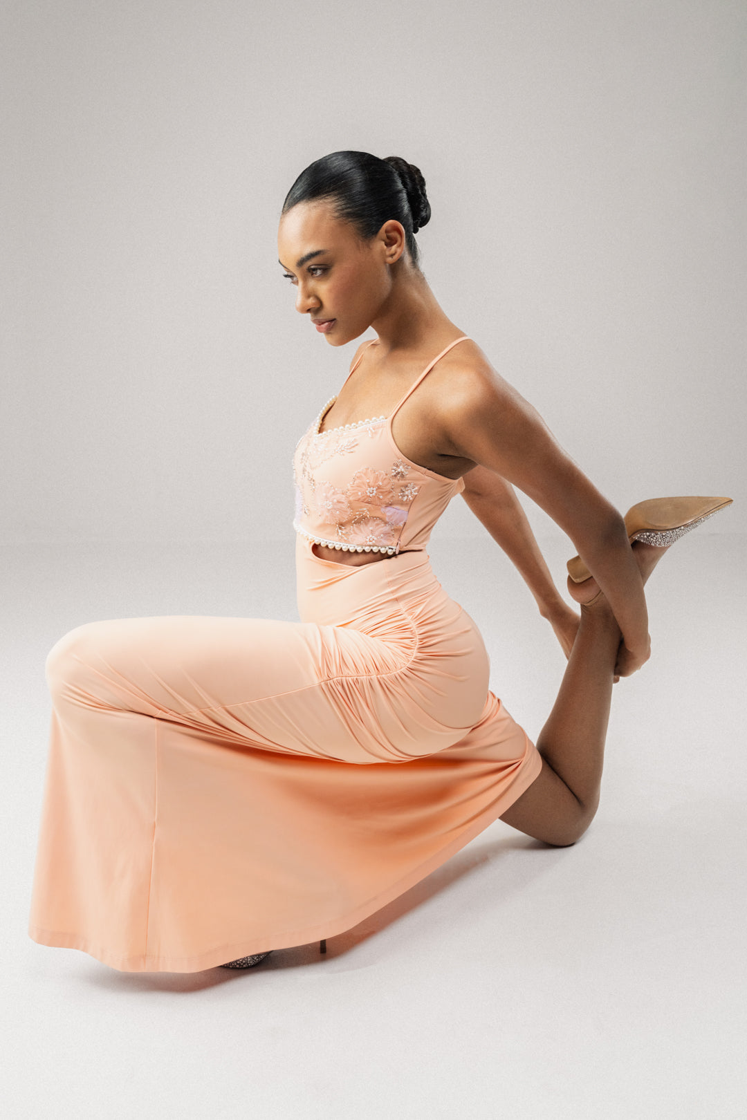 PEACH EMBELLISHED BODICE MAXI DRESS