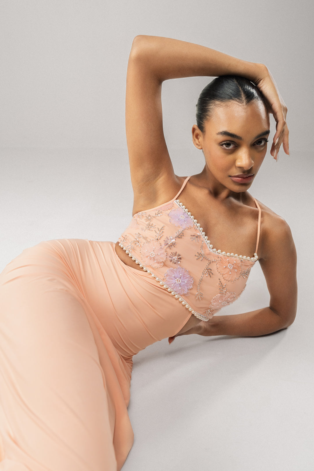 PEACH EMBELLISHED BODICE MAXI DRESS