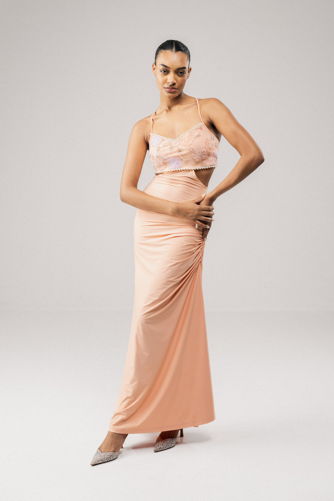 PEACH EMBELLISHED BODICE MAXI DRESS