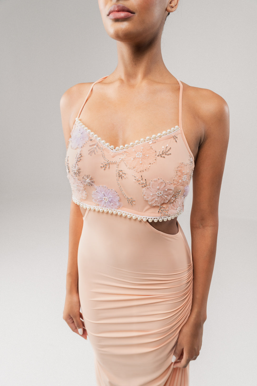 PEACH EMBELLISHED BODICE MAXI DRESS