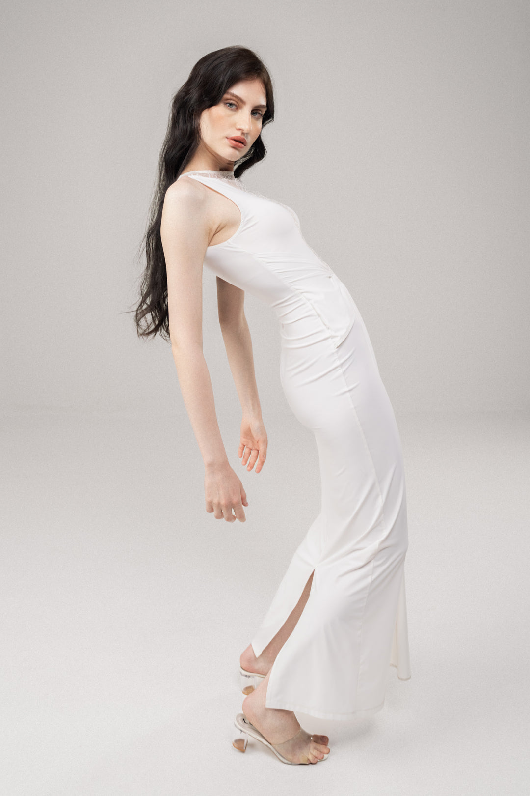 WHITE MESH PANEL BODYCON MAXI DRESS