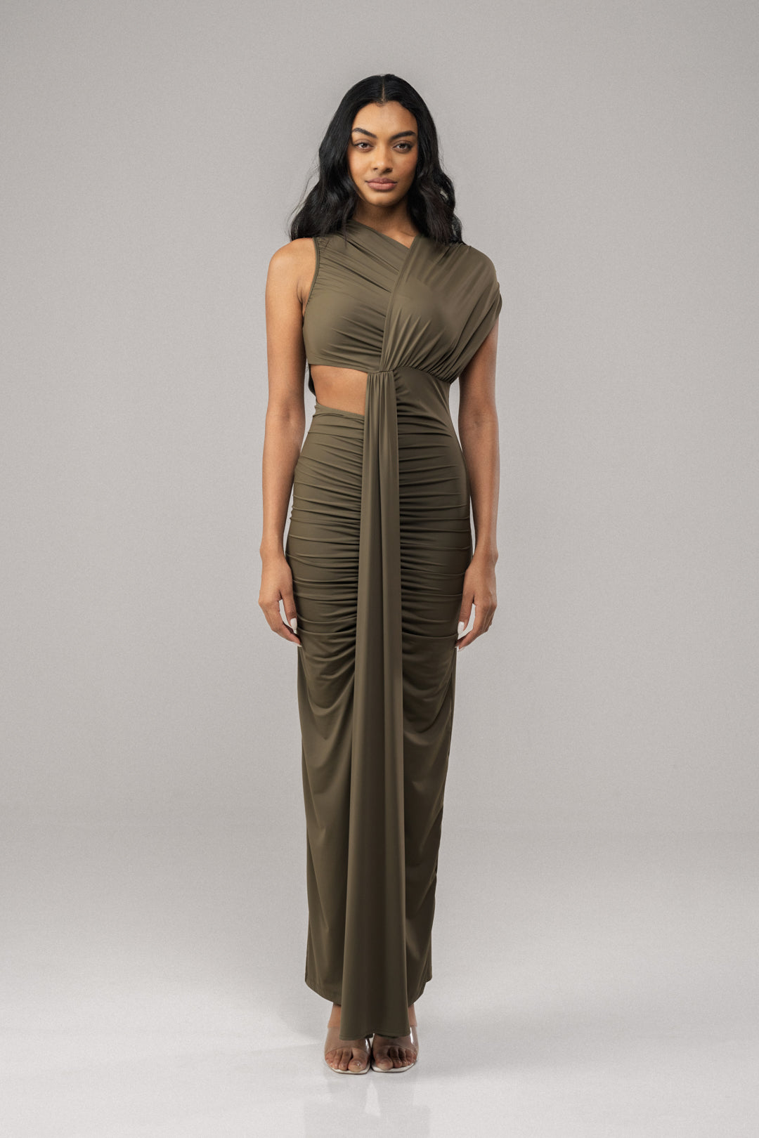 OLIVE GRACE CAP SLEEVE BODYCON MAXI DRESS