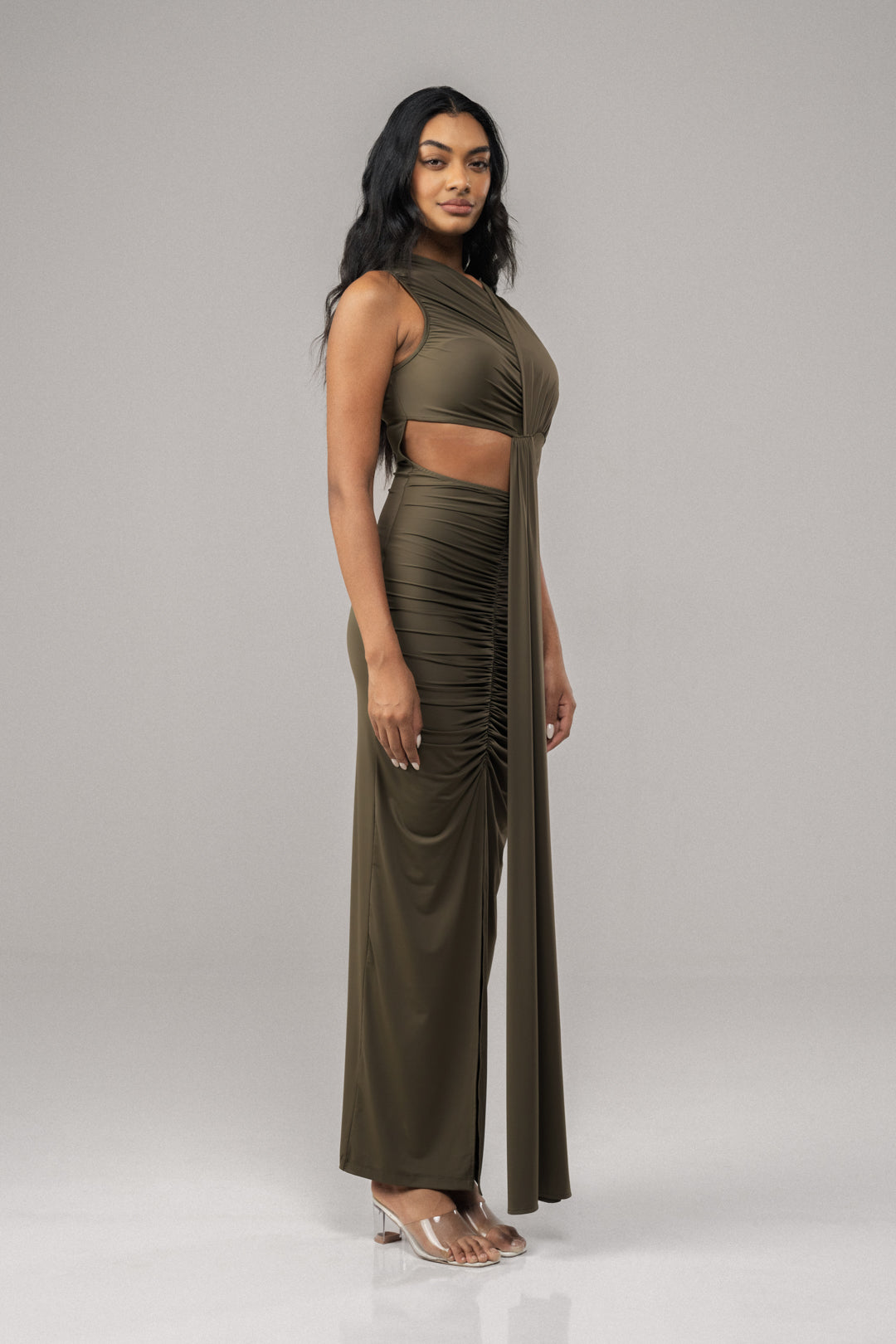 OLIVE GRACE CAP SLEEVE BODYCON MAXI DRESS