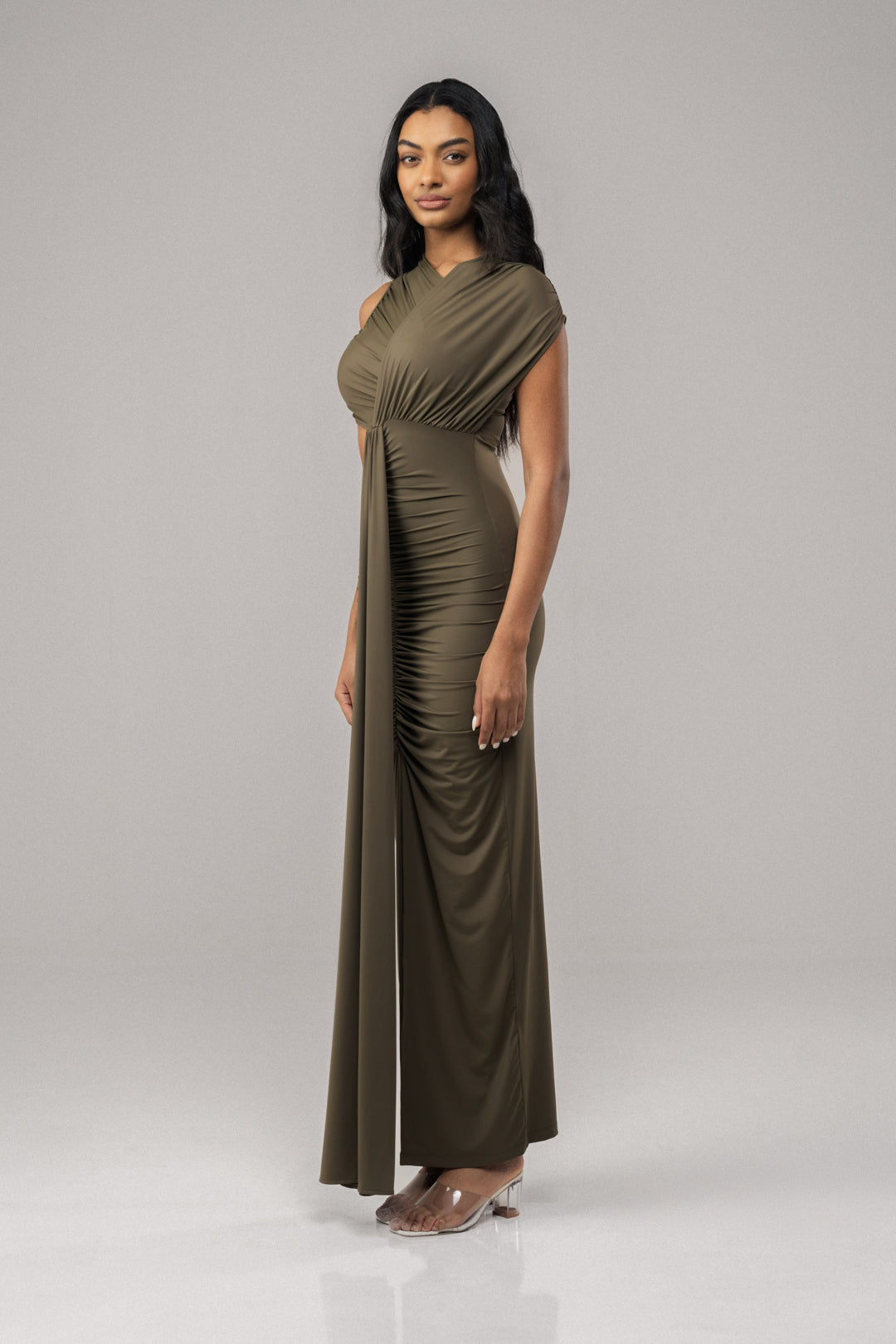 OLIVE GRACE CAP SLEEVE BODYCON MAXI DRESS