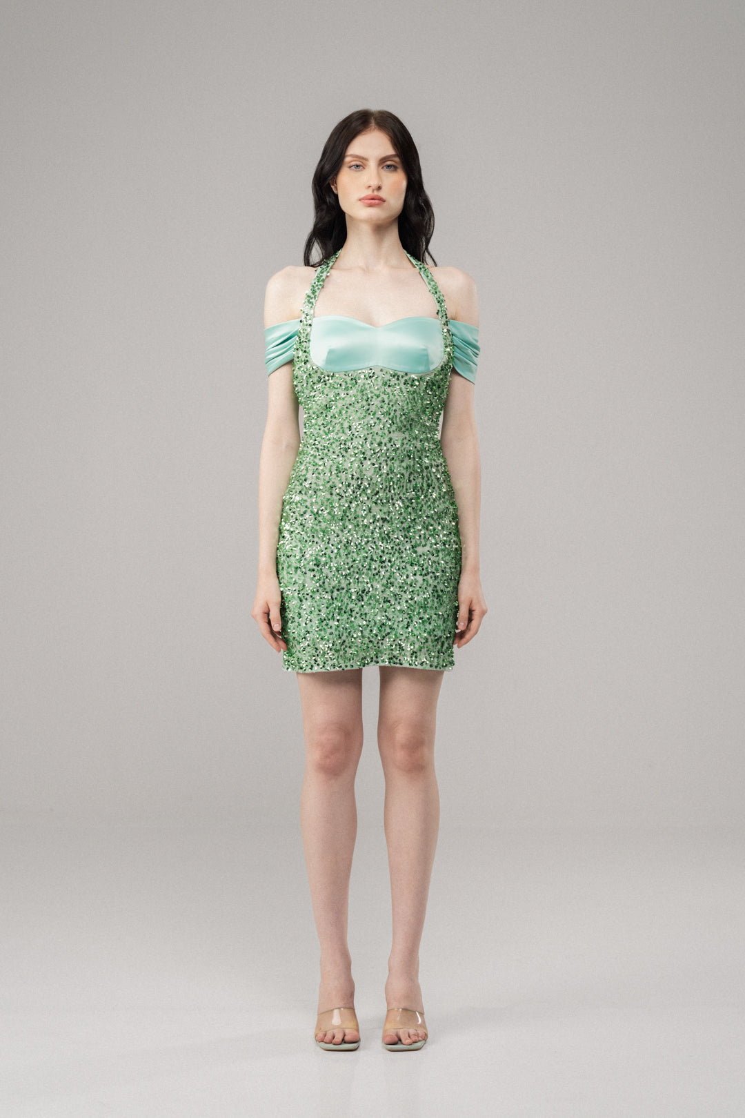 GREEN SEQUIN COLD-SHOULDER MINI DRESS