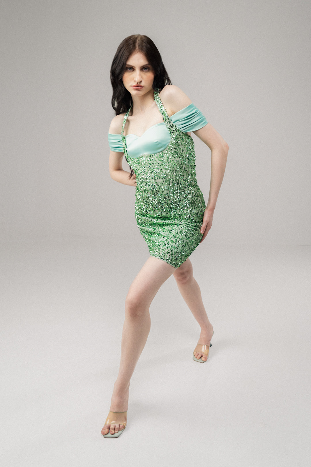 GREEN SEQUIN COLD-SHOULDER MINI DRESS