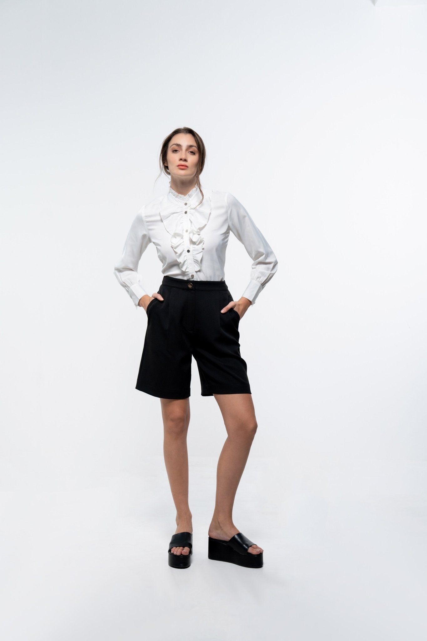 Chic White & Black Co - Ord Set with Ruffle Placket Flowy Shirt and Formal Wide Shorts - Sotbella
