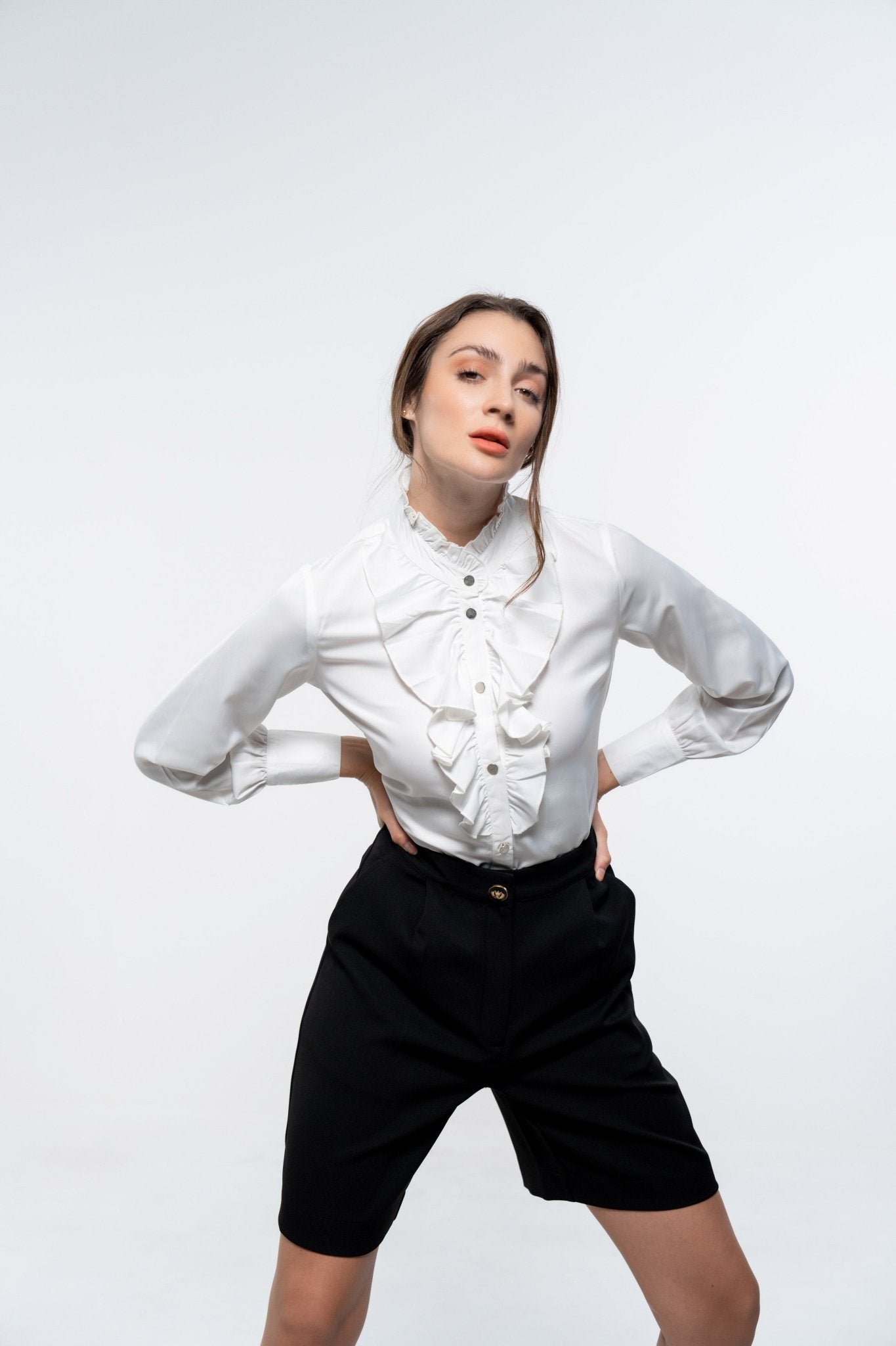 Chic White & Black Co - Ord Set with Ruffle Placket Flowy Shirt and Formal Wide Shorts - Sotbella