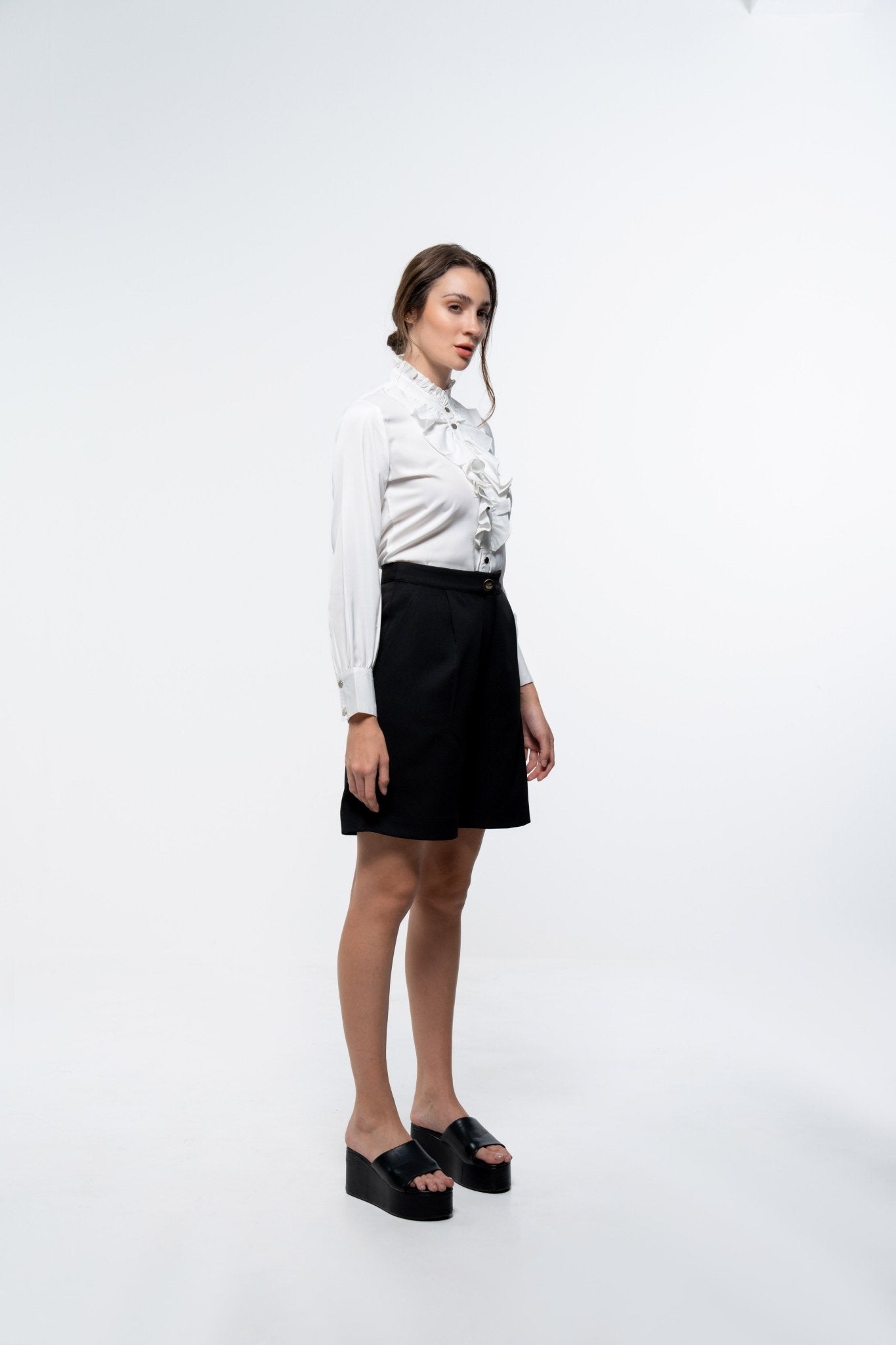 Chic White & Black Co - Ord Set with Ruffle Placket Flowy Shirt and Formal Wide Shorts - Sotbella