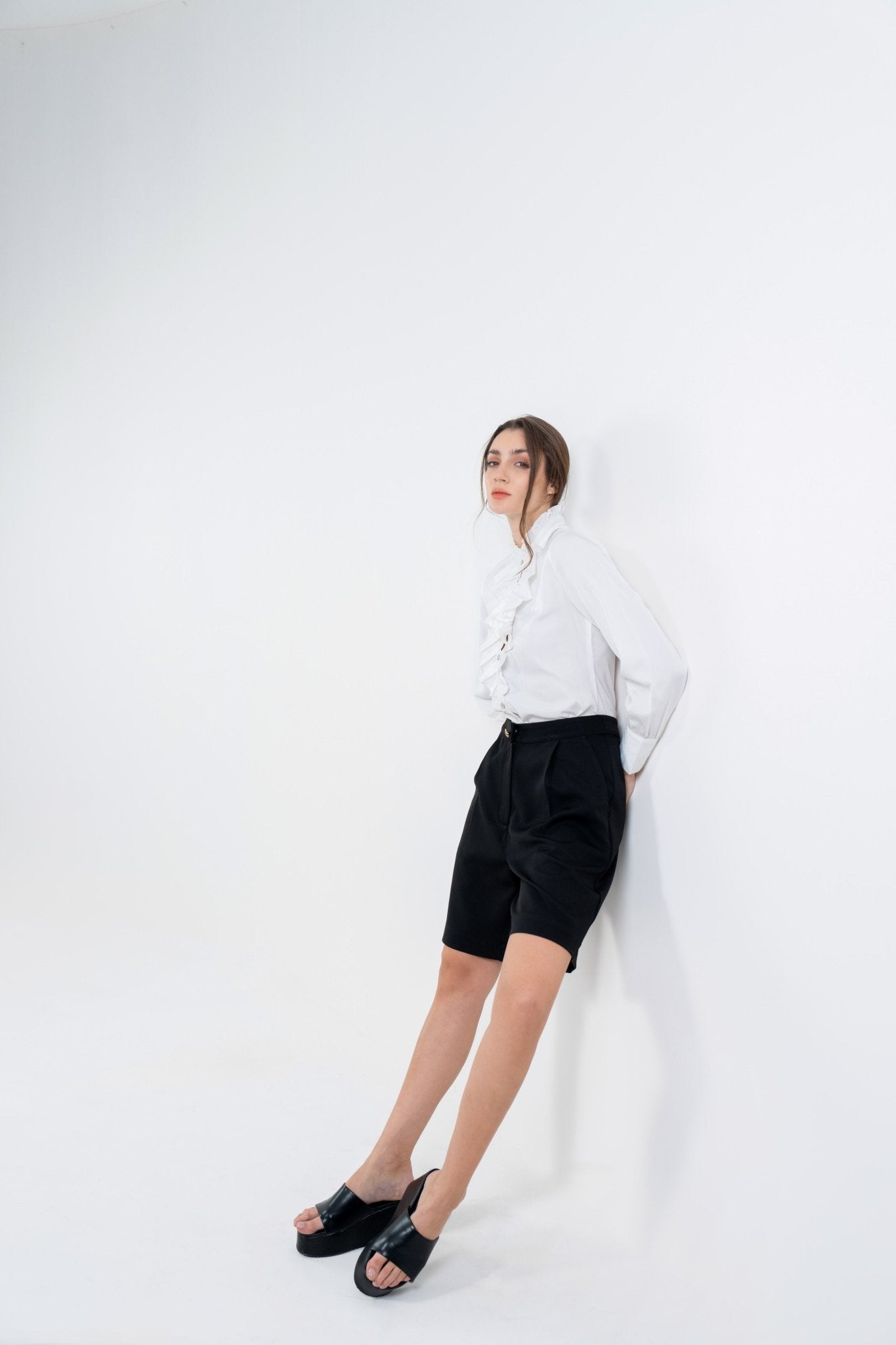 Chic White & Black Co - Ord Set with Ruffle Placket Flowy Shirt and Formal Wide Shorts - Sotbella