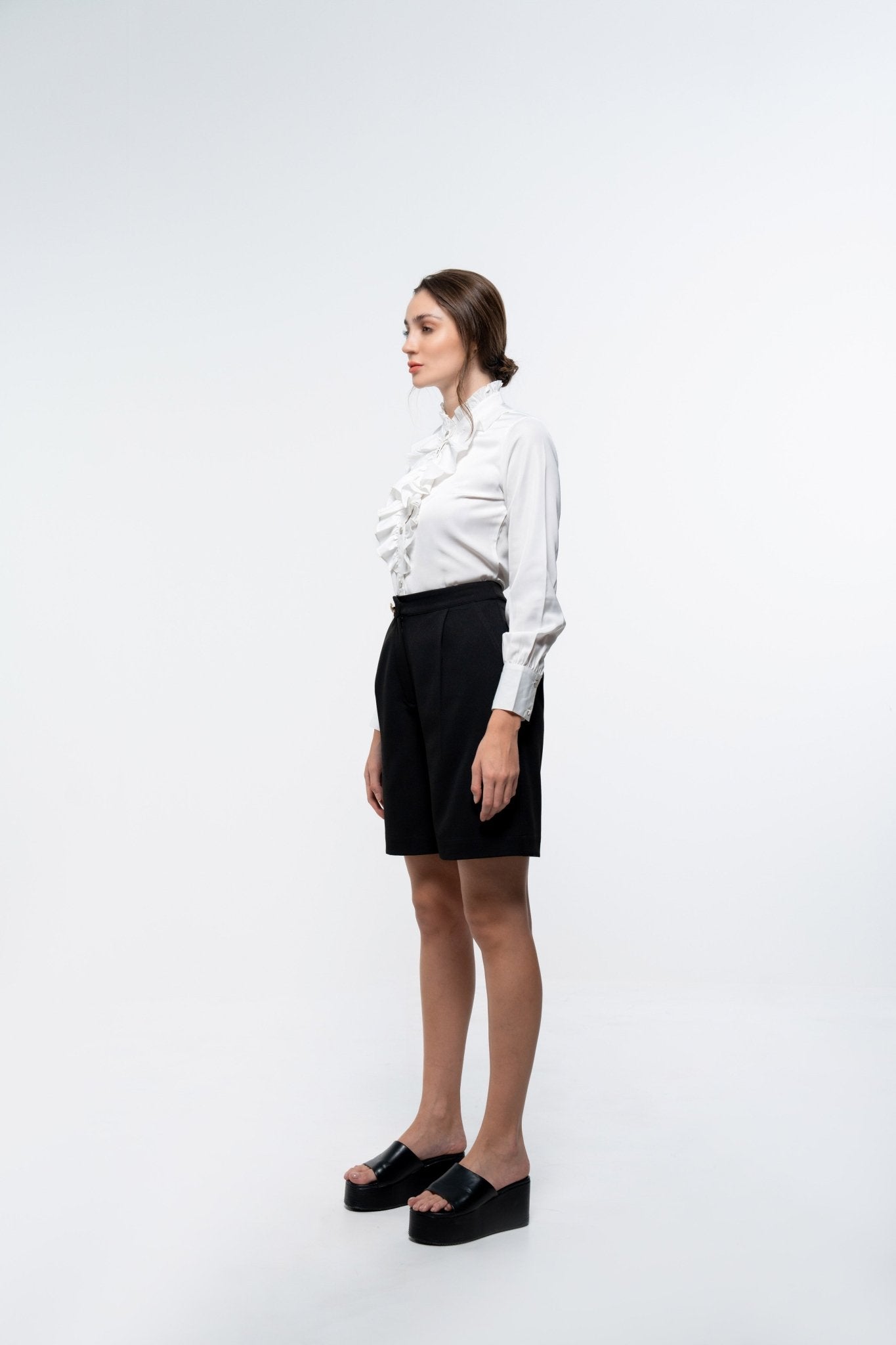 Chic White & Black Co - Ord Set with Ruffle Placket Flowy Shirt and Formal Wide Shorts - Sotbella