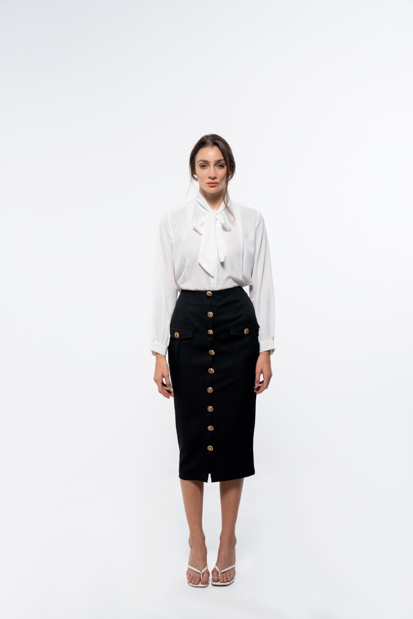 Classic White Tie Neck Shirt and Black Pencil Skirt Co - Ord Ensemble - Sotbella