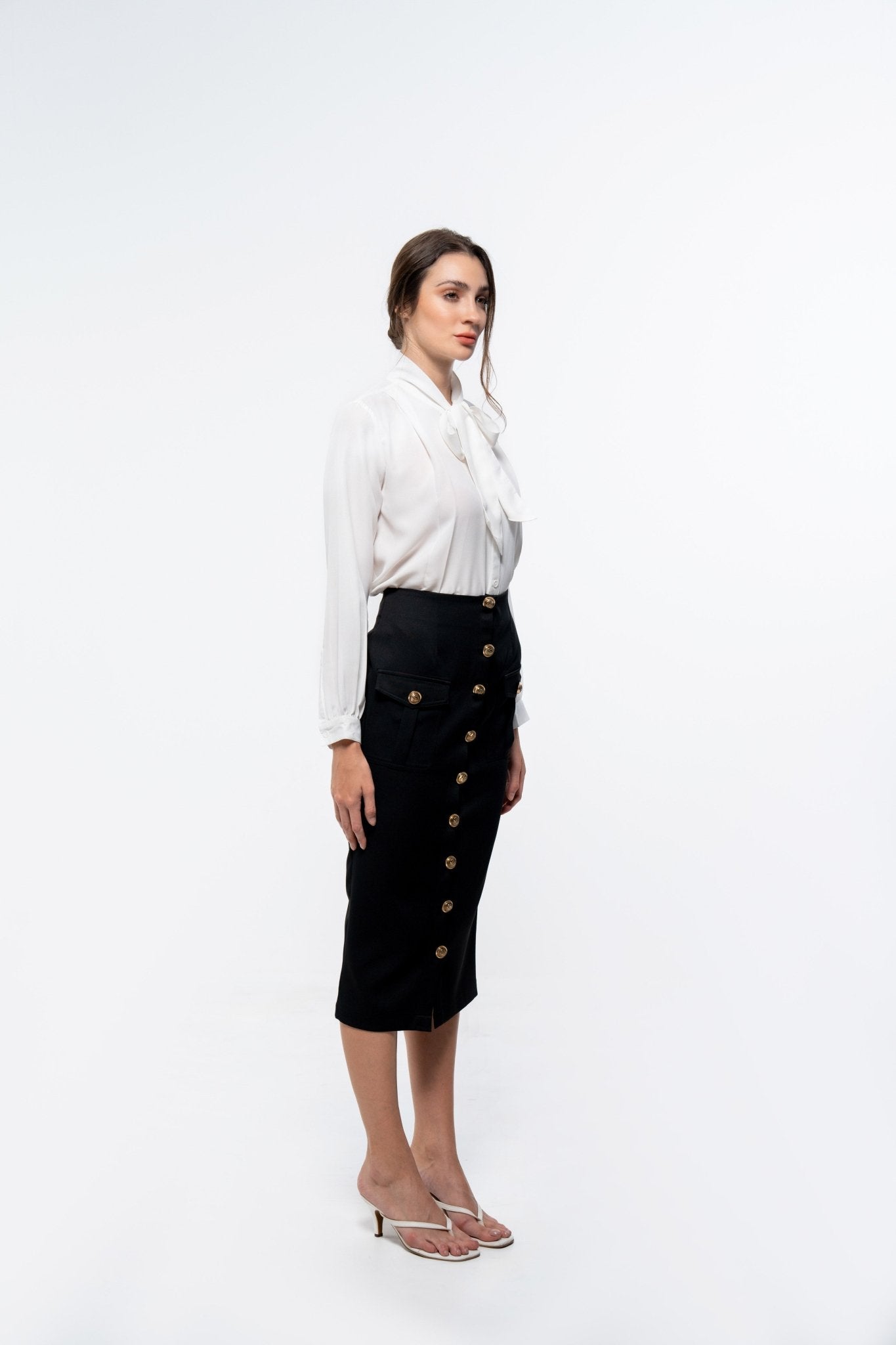 Classic White Tie Neck Shirt and Black Pencil Skirt Co - Ord Ensemble - Sotbella