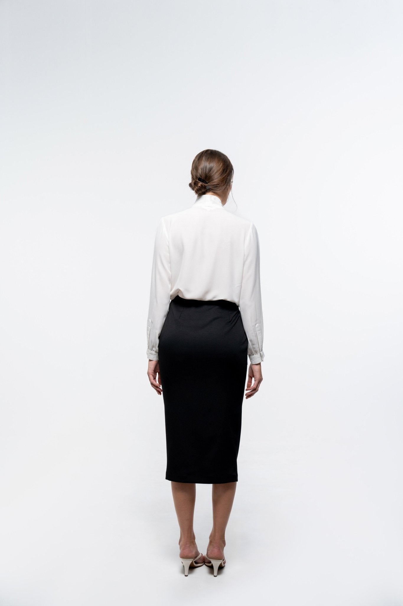 Classic White Tie Neck Shirt and Black Pencil Skirt Co - Ord Ensemble - Sotbella